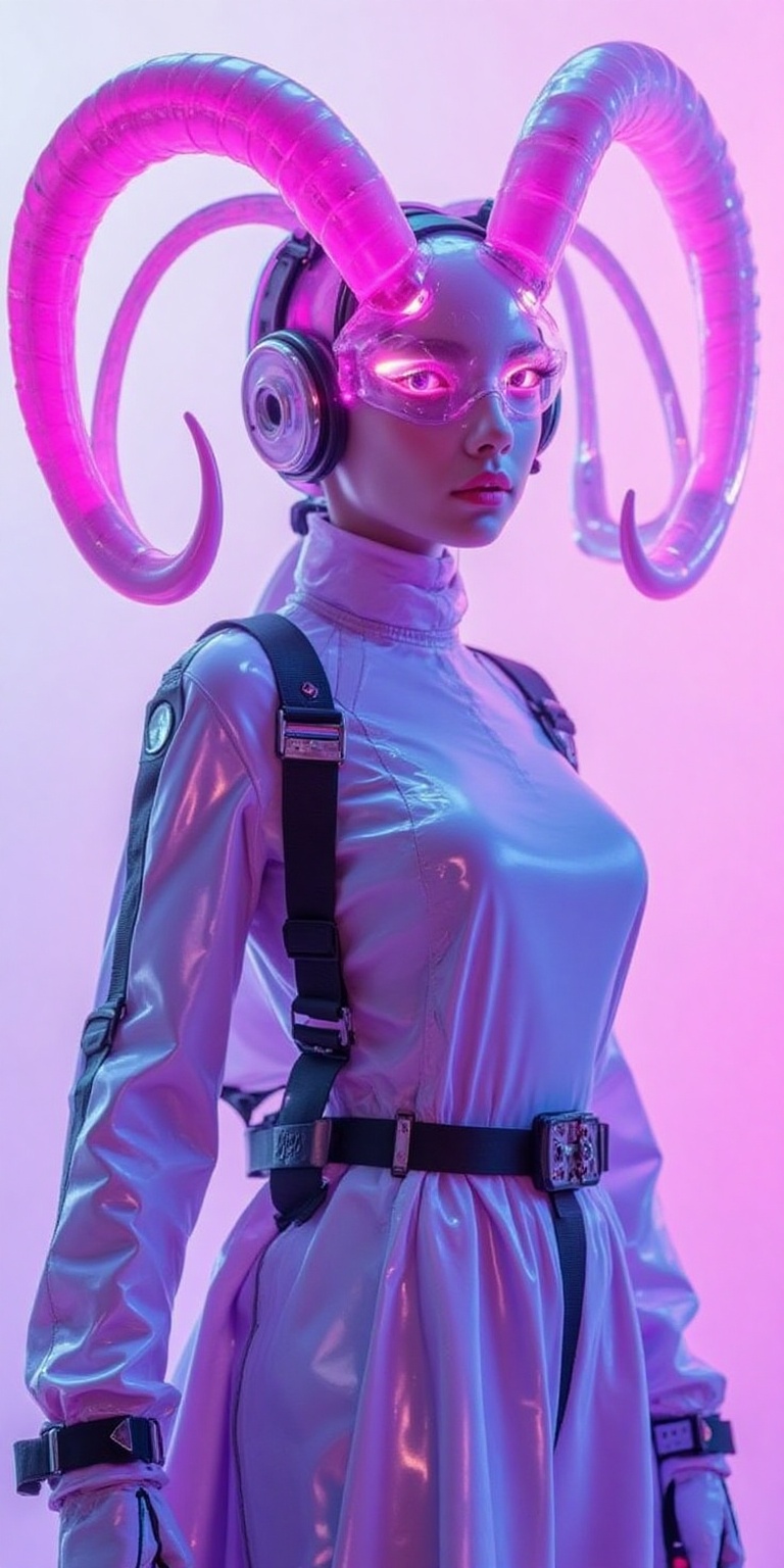 A futuristic cyberpunk warrior with a surreal aesthetic,  wearing a high-tech biomechanical helmet resembling a ram's skul...