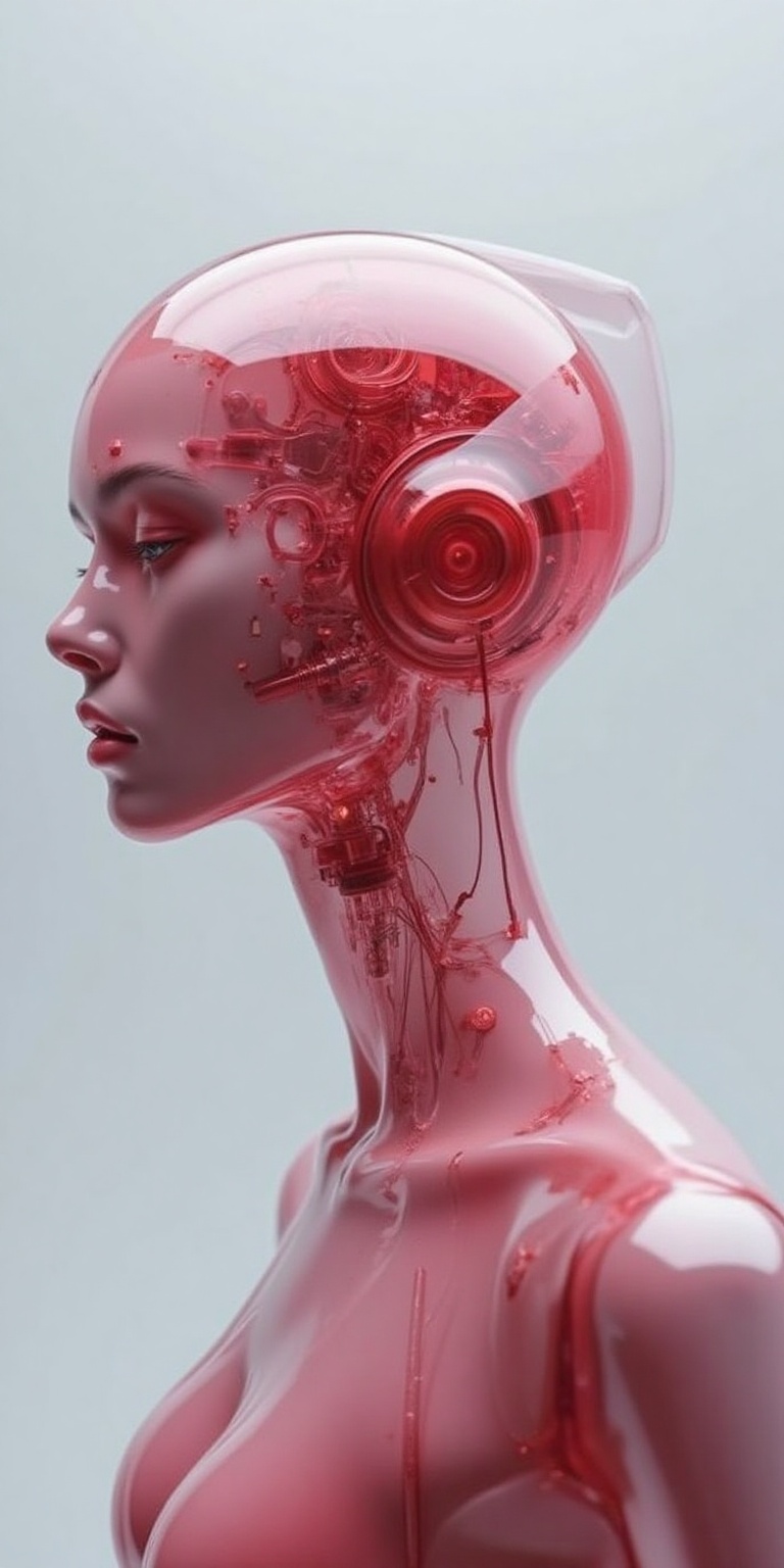 The image depicts a humanoid figure with a transparent,  futuristic headpiece that reveals intricate mechanical components...