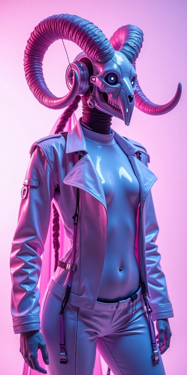 A futuristic cyberpunk warrior with a surreal aesthetic,  wearing a high-tech biomechanical helmet resembling a ram's skul...