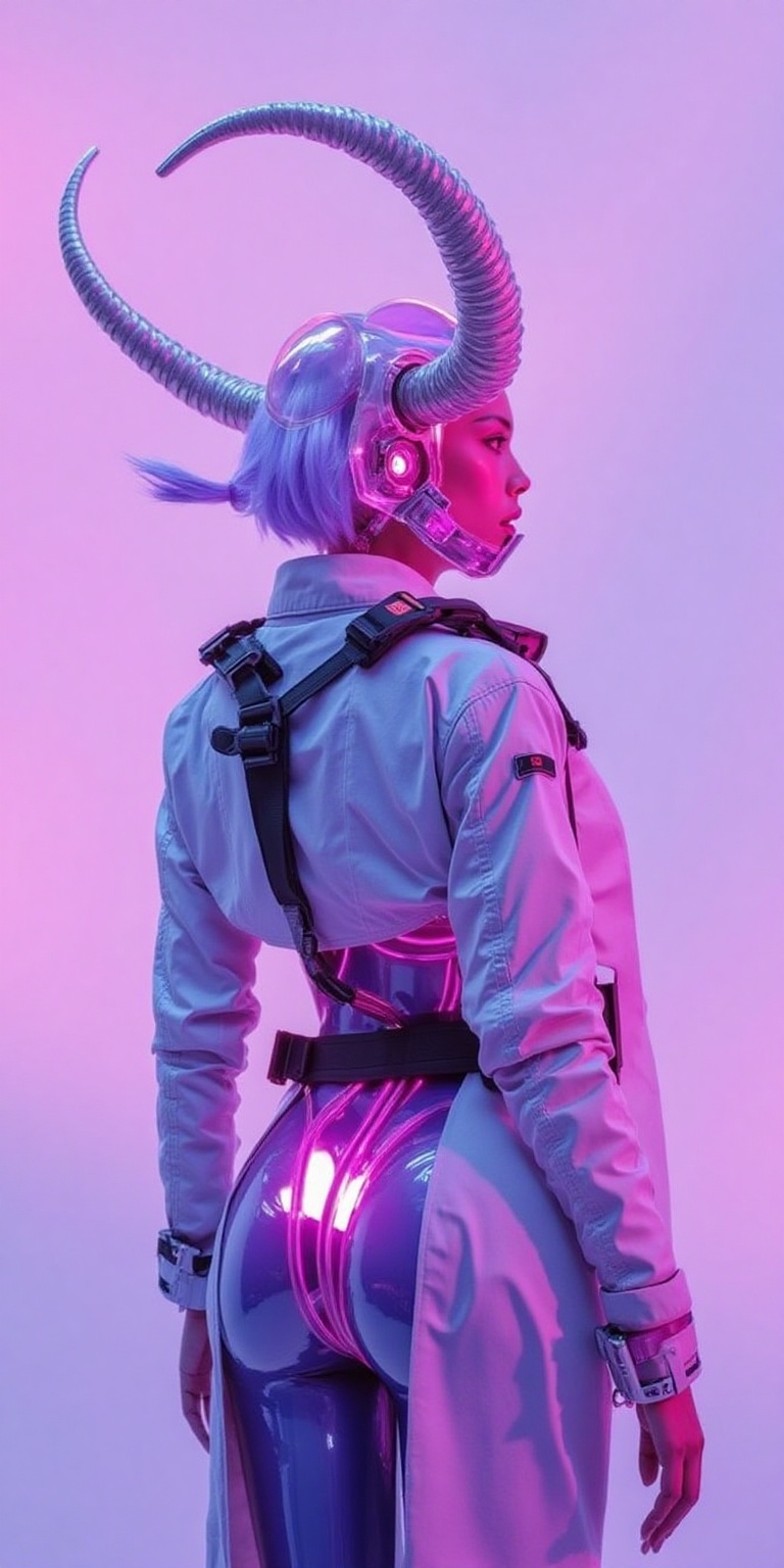 A futuristic cyberpunk warrior with a surreal aesthetic,  wearing a high-tech biomechanical helmet resembling a ram's skul...