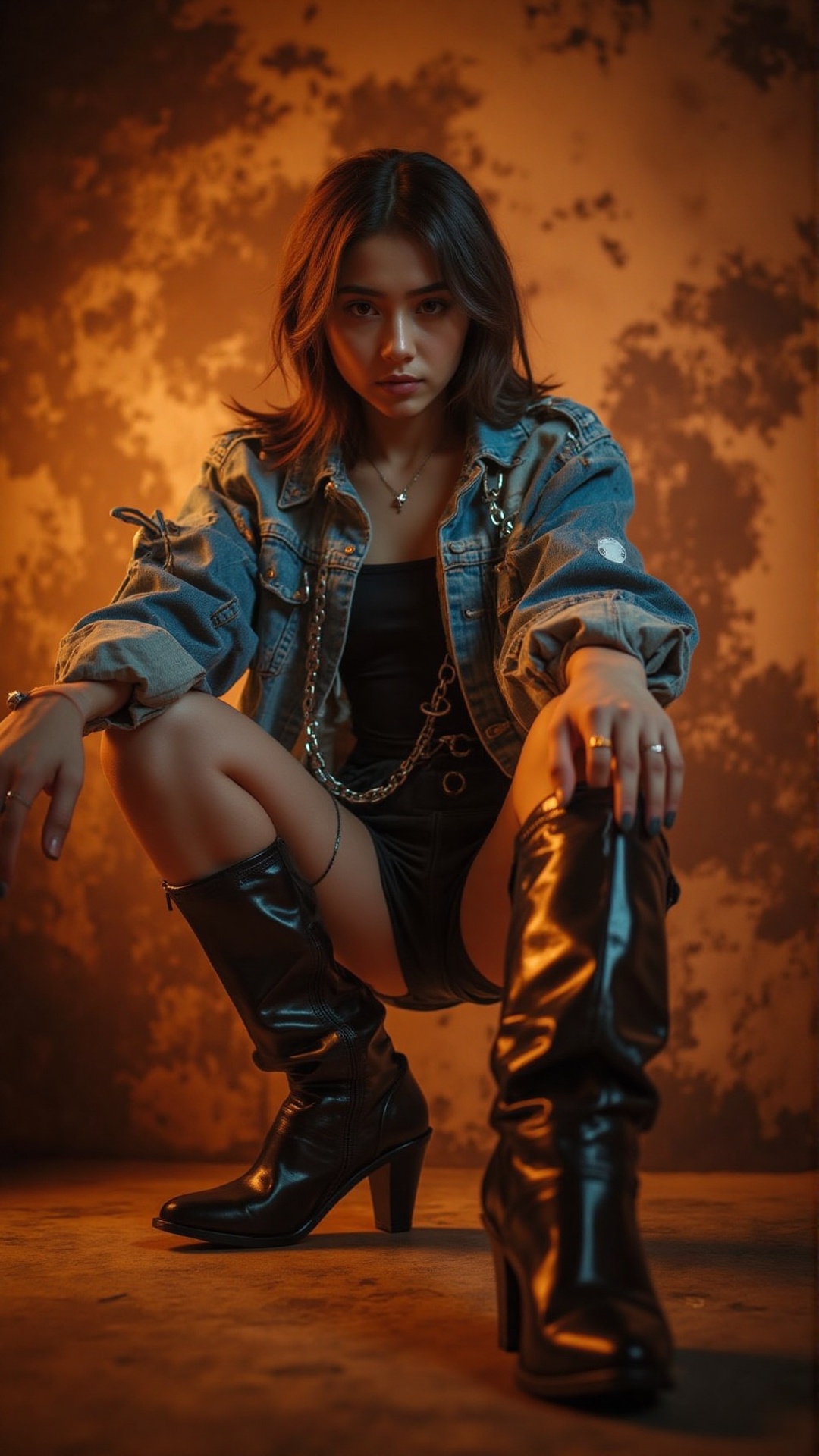A woman,  seated in a low crouch,  dressed in a distressed denim jacket adorned with silver chains on Tensor.Art