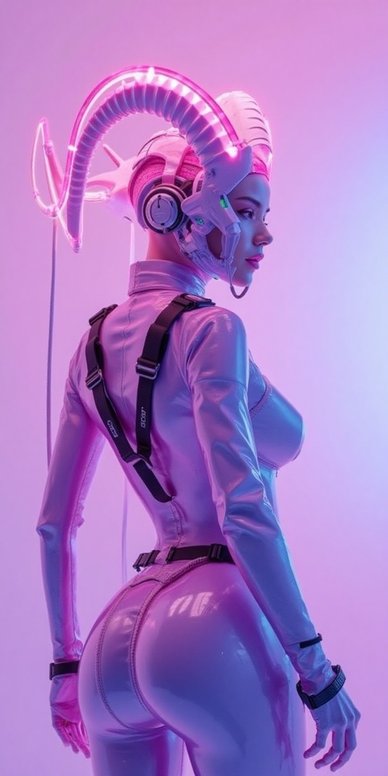 A futuristic cyberpunk warrior with a surreal aesthetic,  wearing a high-tech biomechanical helmet resembling a ram's skul...
