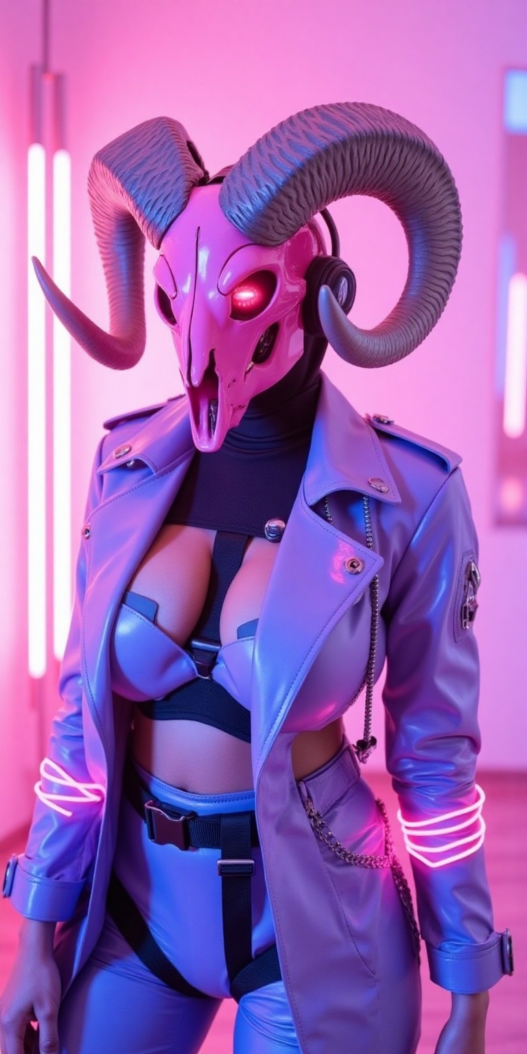 A futuristic cyberpunk warrior with a surreal aesthetic,  wearing a high-tech biomechanical helmet resembling a ram's skul...