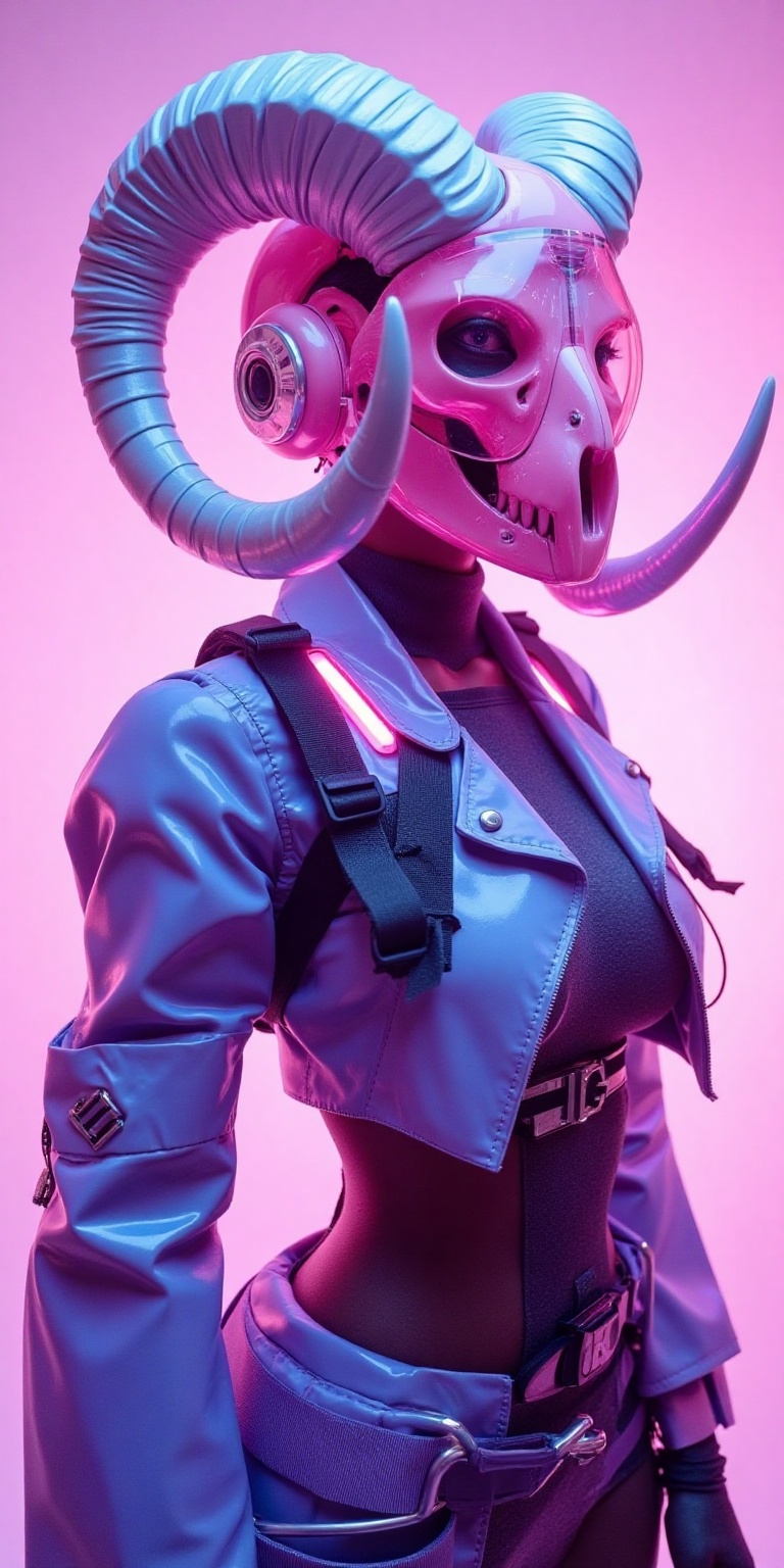 A futuristic cyberpunk warrior with a surreal aesthetic,  wearing a high-tech biomechanical helmet resembling a ram's skul...