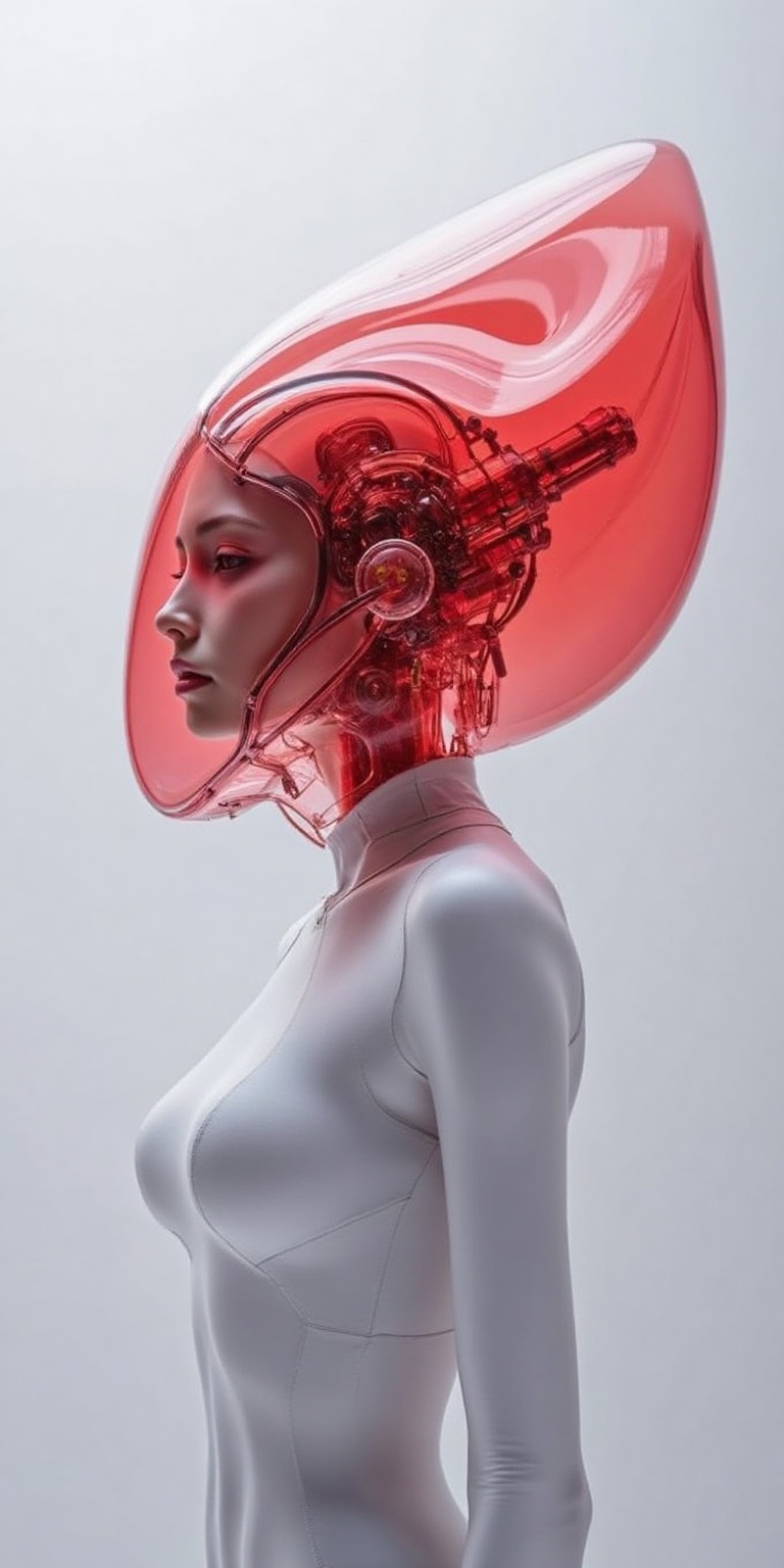 The image depicts a humanoid figure with a transparent,  futuristic headpiece that reveals intricate mechanical components...