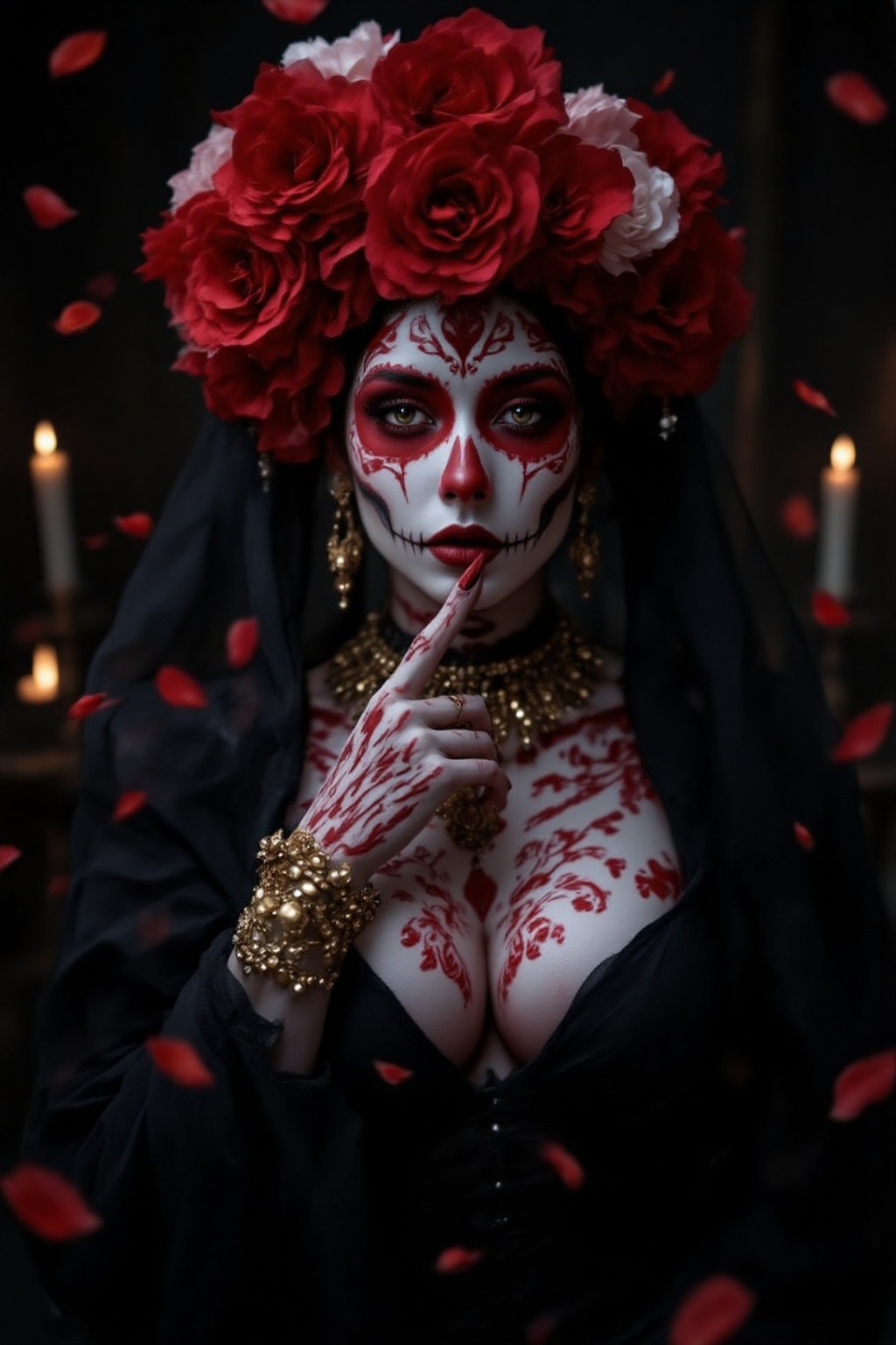 A breathtaking,  full-body portrait of a mysterious beauty with exposed midriff and deep cleavage,  her skin a canvas for...
