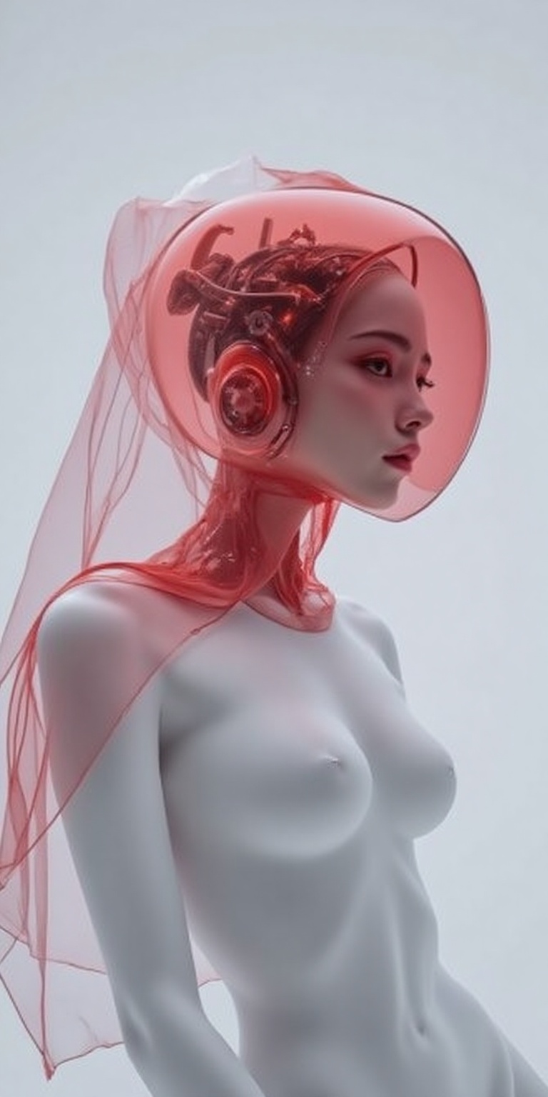 The image depicts a humanoid figure with a transparent,  futuristic headpiece that reveals intricate mechanical components...