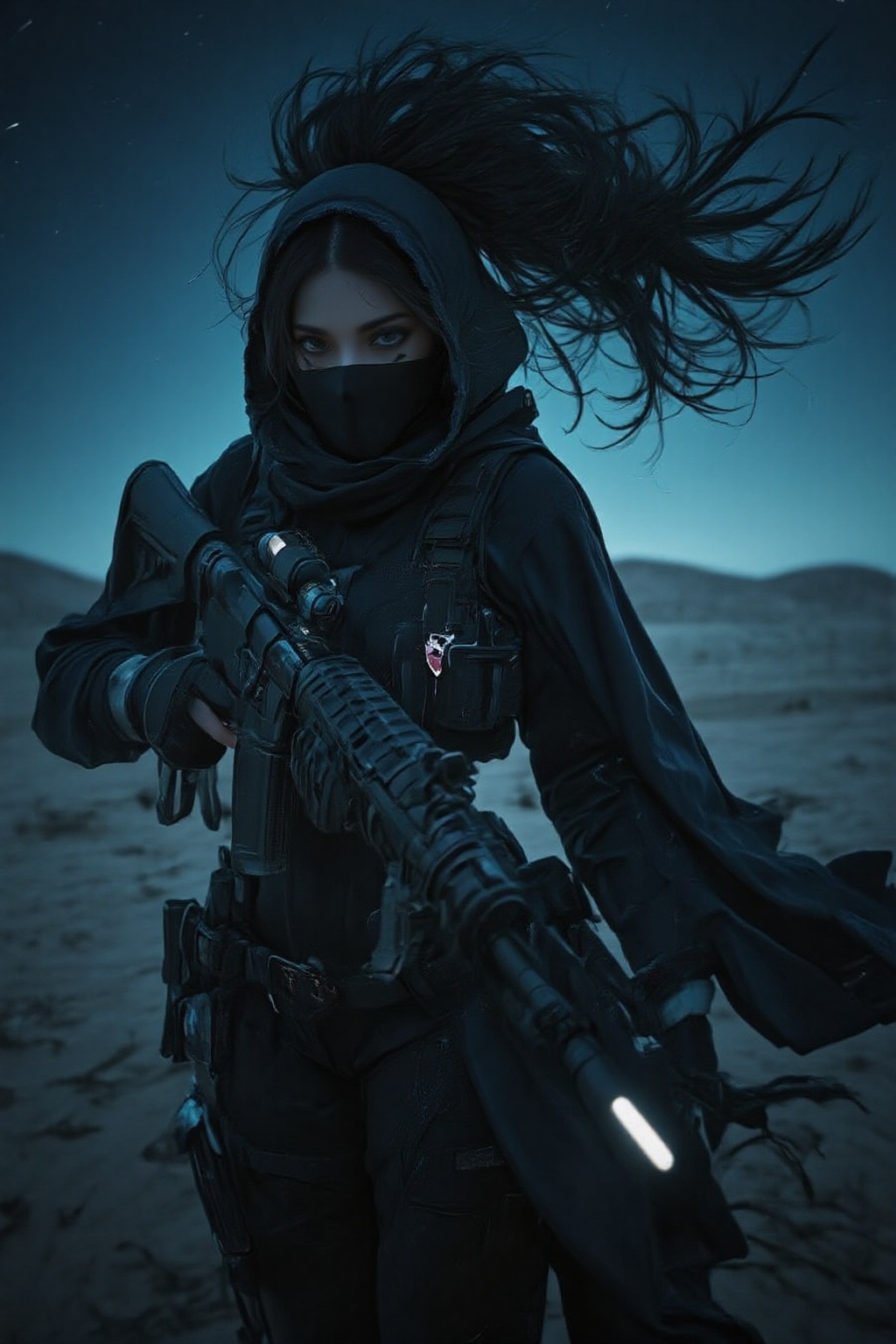 A 38 year old special forces elite woman,  rugged clothing suitable for the rigors of war,  complemented by a long cloak t...