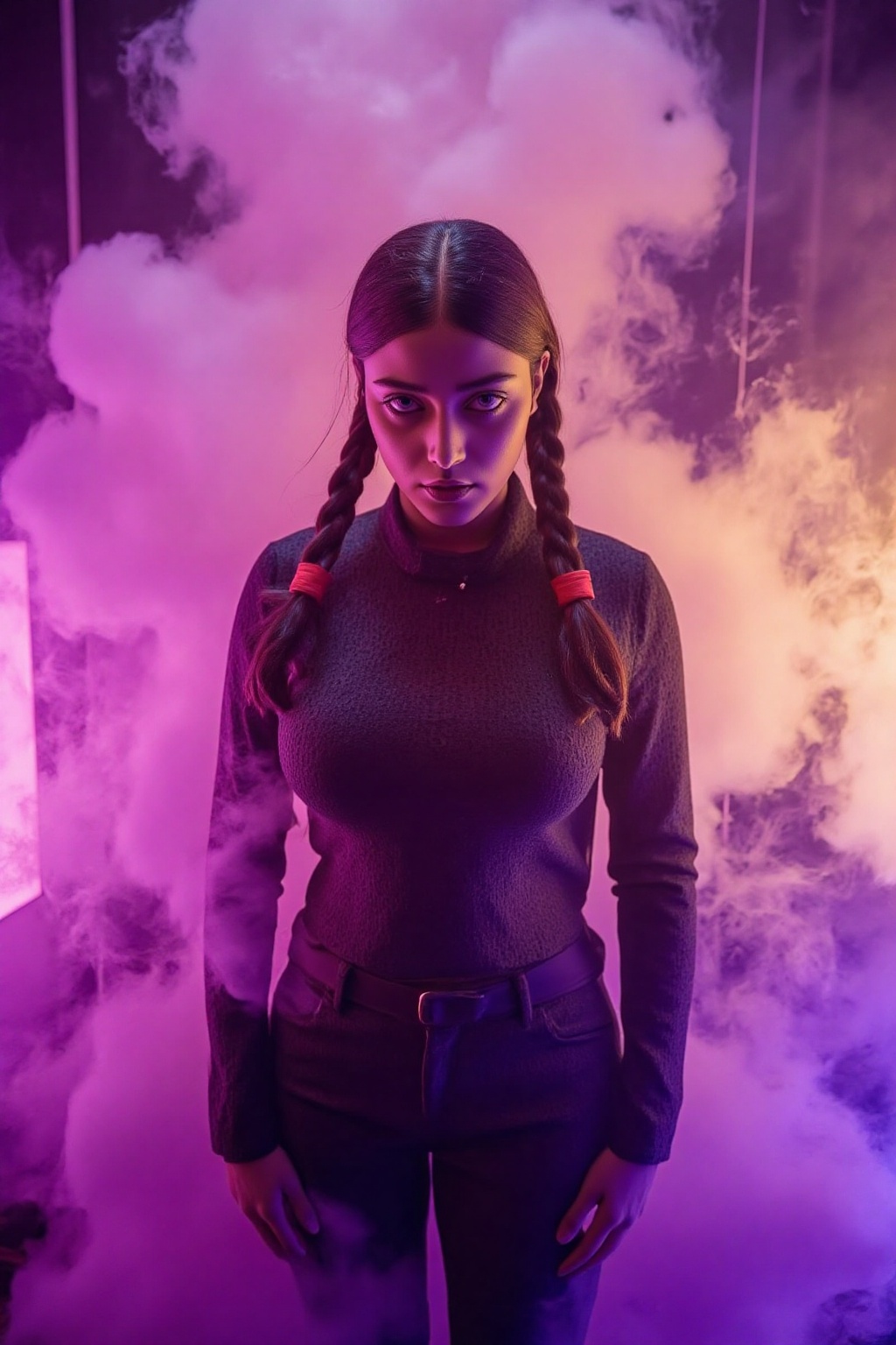A mysterious young woman with a braided hairstyle stands poised amidst a dramatic haze of purple and beige smoke. Dark,  t...