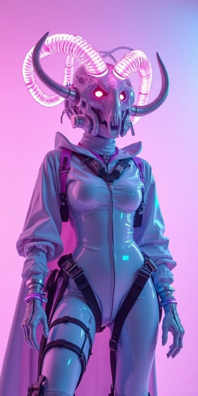 A futuristic cyberpunk warrior with a surreal aesthetic,  wearing a high-tech biomechanical helmet resembling a ram's skul...