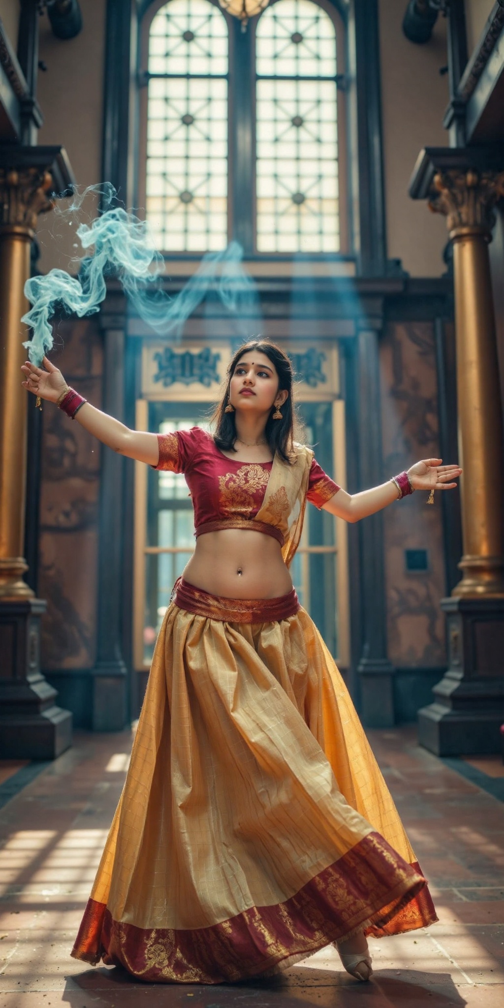 A young woman wearing a traditional Kerala Pattu Pavadai silk dress with an intricately designed blouse,  performing a gra...