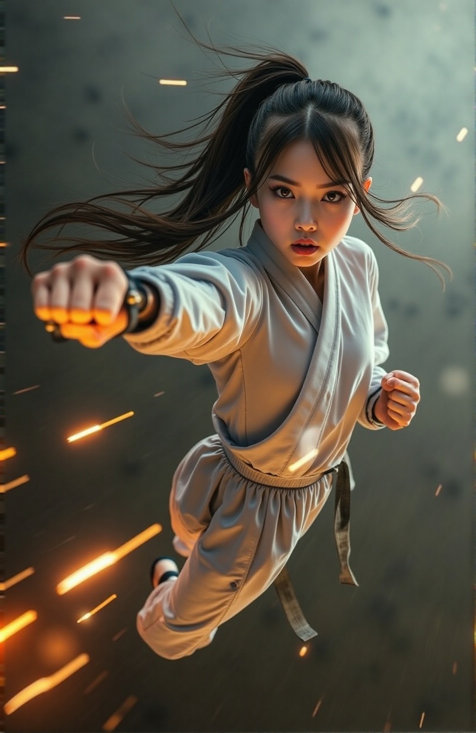 A powerful martial artist mid-air,  executing a high-flying kick with precision. Her body is fully extended,  one leg stre...