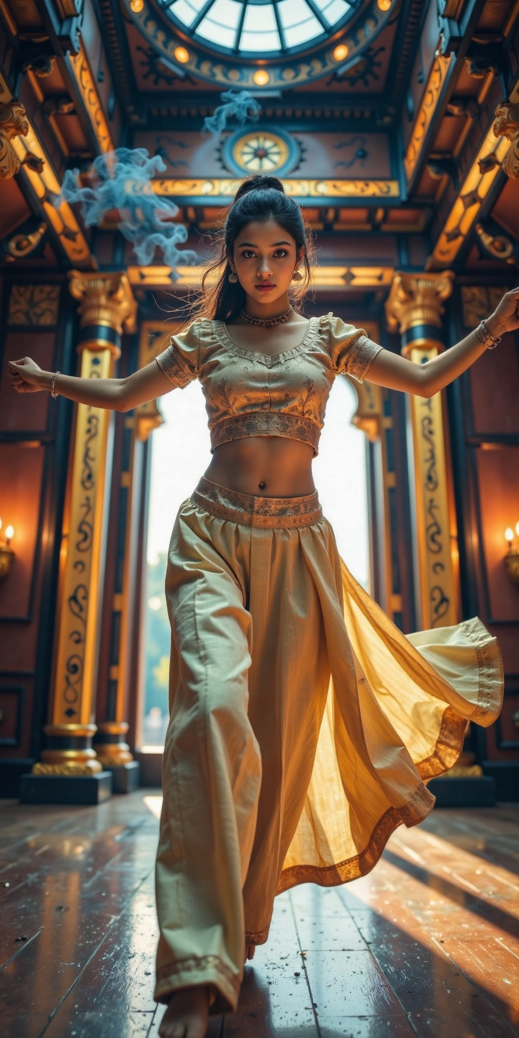A young woman wearing a traditional Kerala Pattu Pavadai silk dress with an intricately designed blouse,  performing a gra...