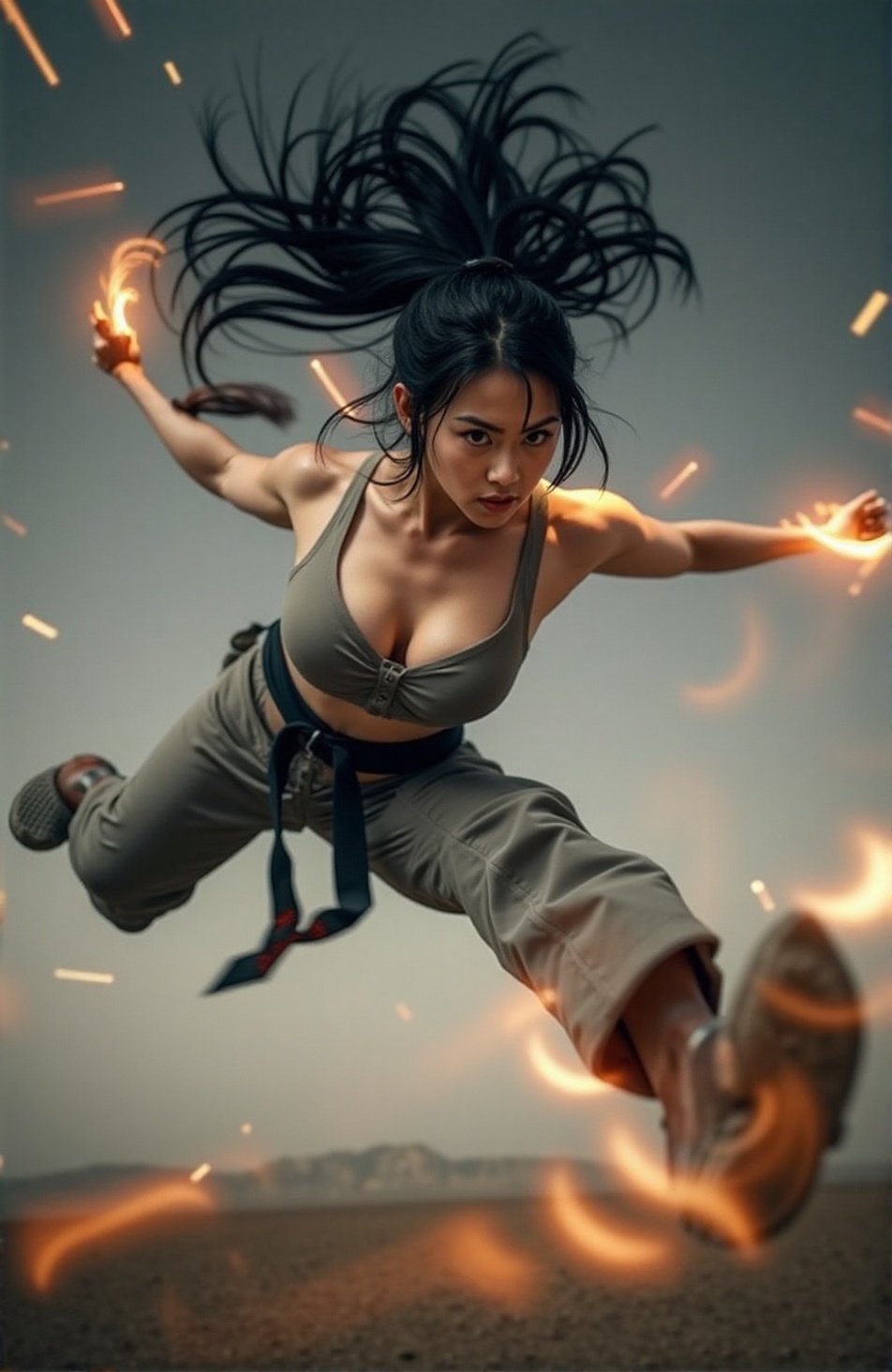 A powerful martial artist mid-air,  executing a high-flying kick with precision. Her body is fully extended,  one leg stre...