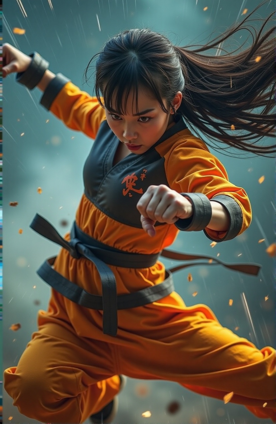 A powerful martial artist mid-air,  executing a high-flying kick with precision. Her body is fully extended,  one leg stre...