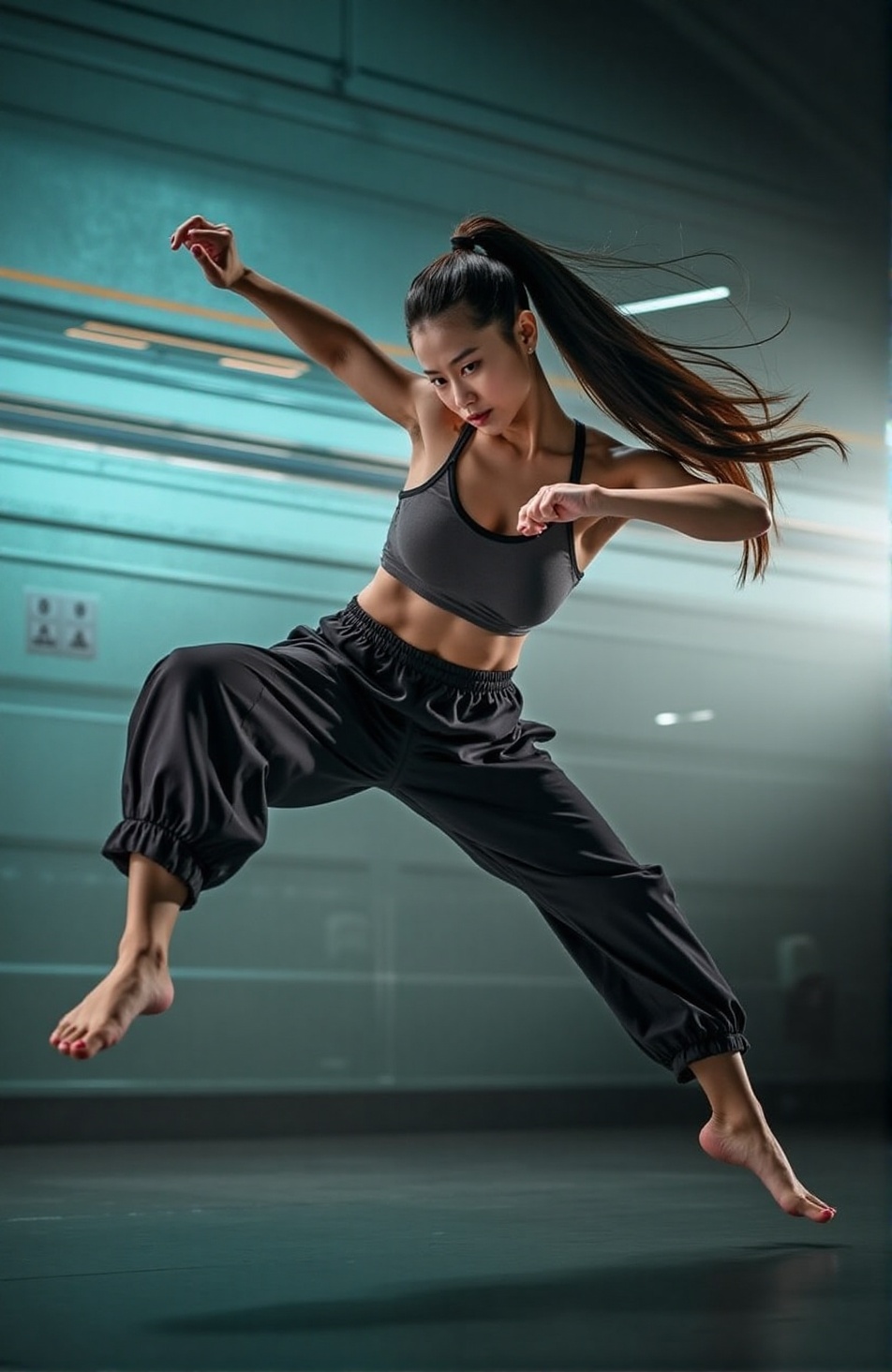 A powerful martial artist mid-air,  executing a high-flying kick with precision. Her body is fully extended,  one leg stre...
