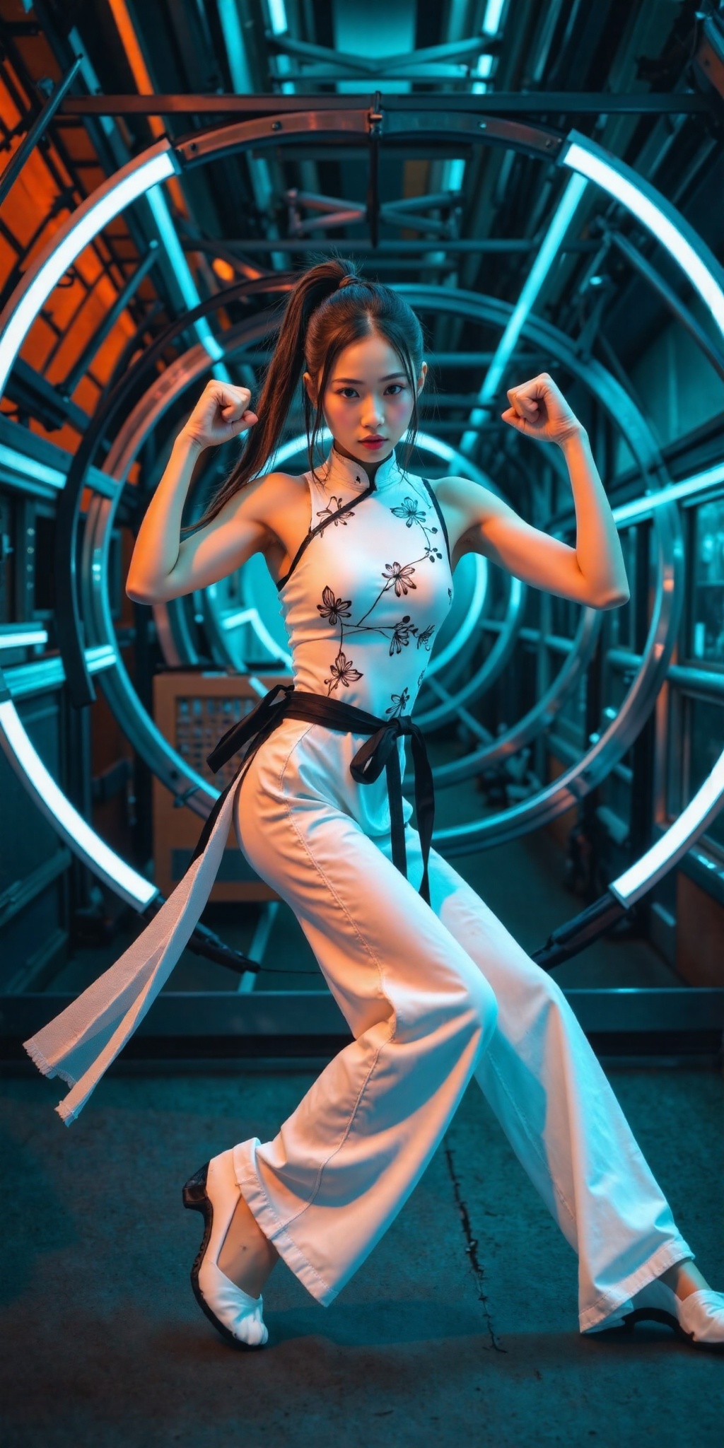 A fierce and elegant female martial artist in a poised combat stance,  wearing a traditional yet modernized white and blac...