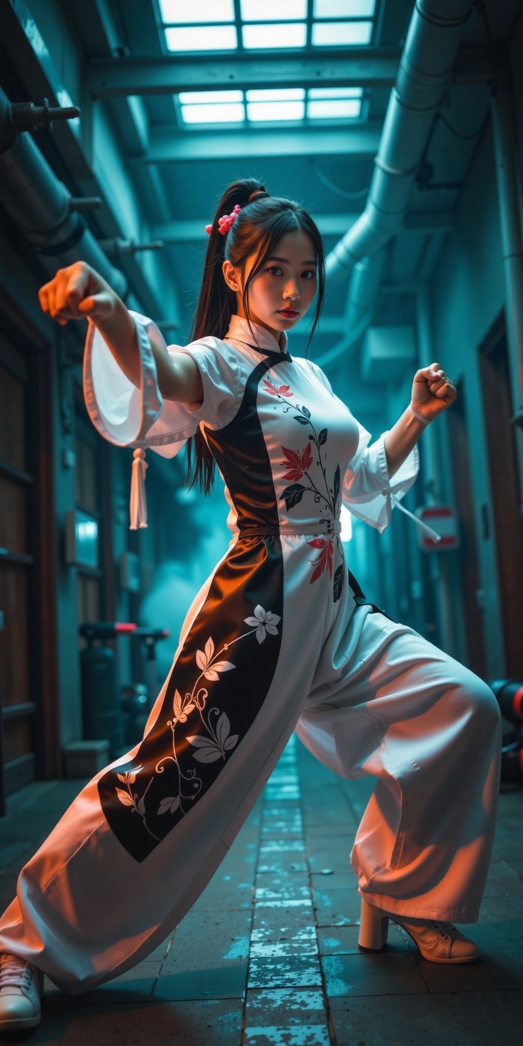 A fierce and elegant female martial artist in a poised combat stance,  wearing a traditional yet modernized white and blac...