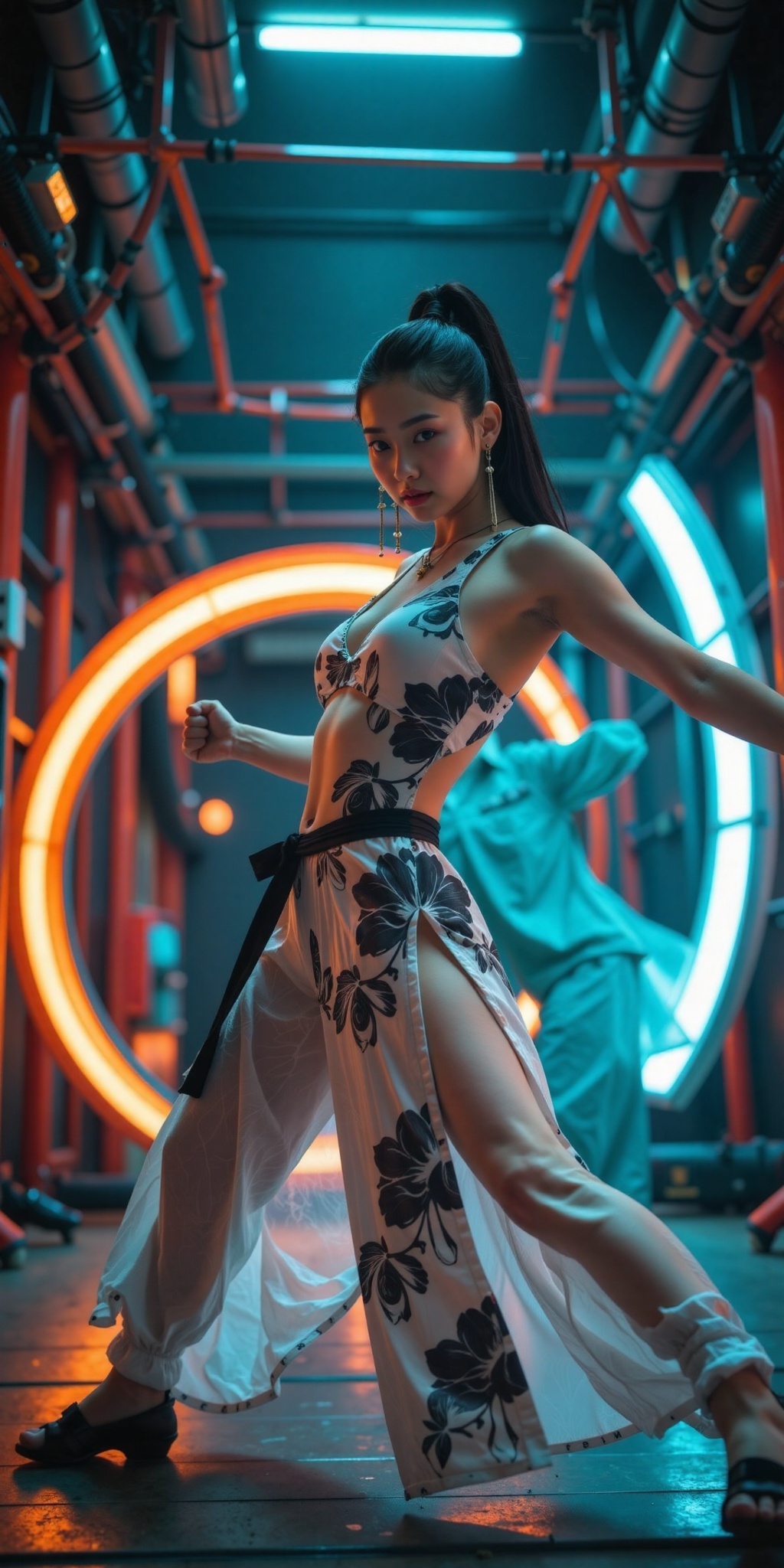 A fierce and elegant female martial artist in a poised combat stance,  wearing a traditional yet modernized white and blac...