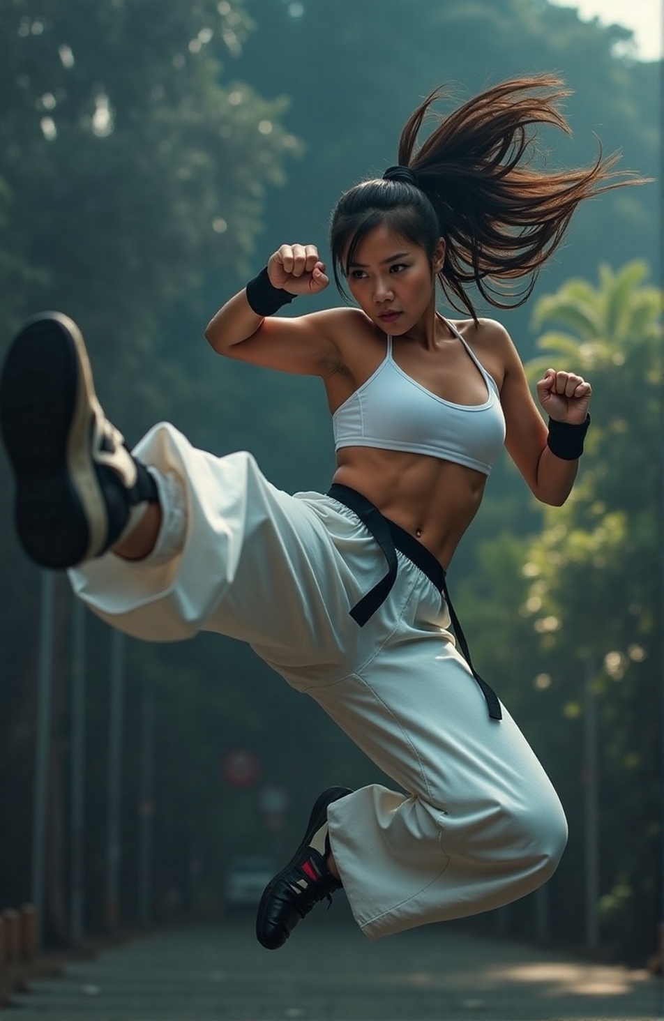 A powerful martial artist mid-air,  executing a high-flying kick with precision. Her body is fully extended,  one leg stre...
