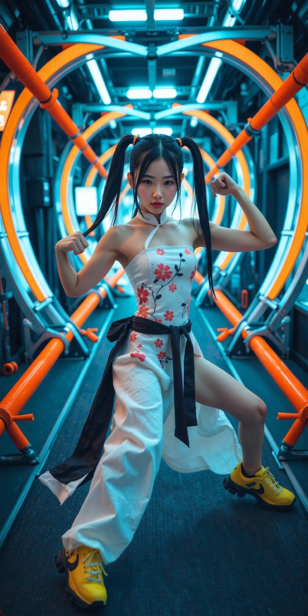 A fierce and elegant female martial artist in a poised combat stance,  wearing a traditional yet modernized white and blac...