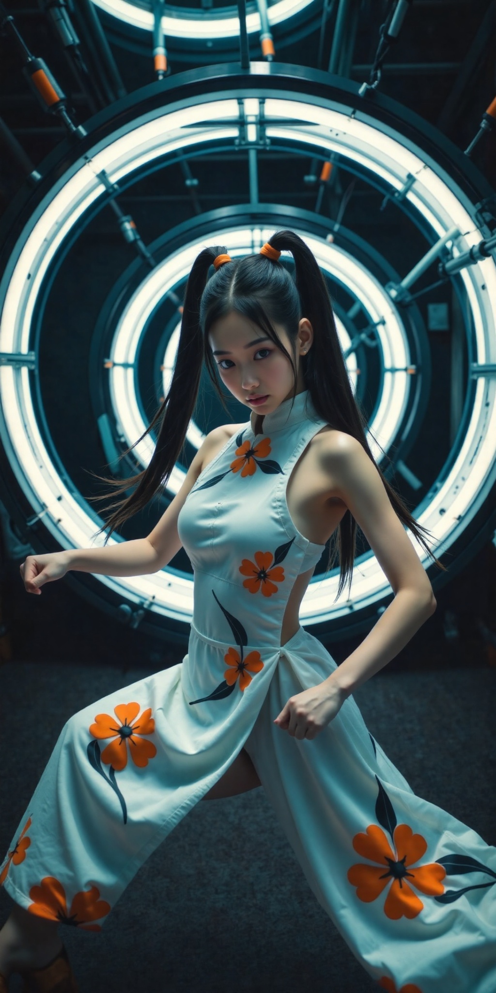 A fierce and elegant female martial artist in a poised combat stance,  wearing a traditional yet modernized white and blac...