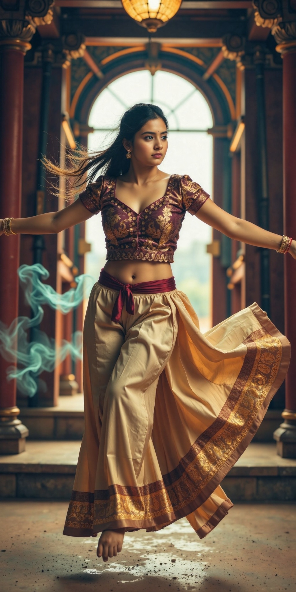 A young woman wearing a traditional Kerala Pattu Pavadai silk dress with an intricately designed blouse,  performing a gra...