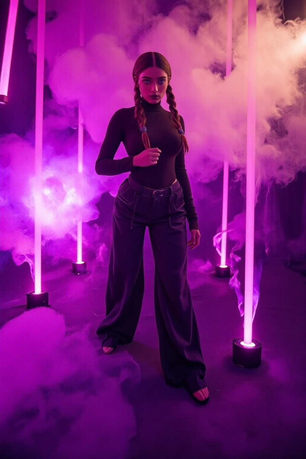 A mysterious young woman with a braided hairstyle stands poised amidst a dramatic haze of purple and beige smoke. Dark,  t...