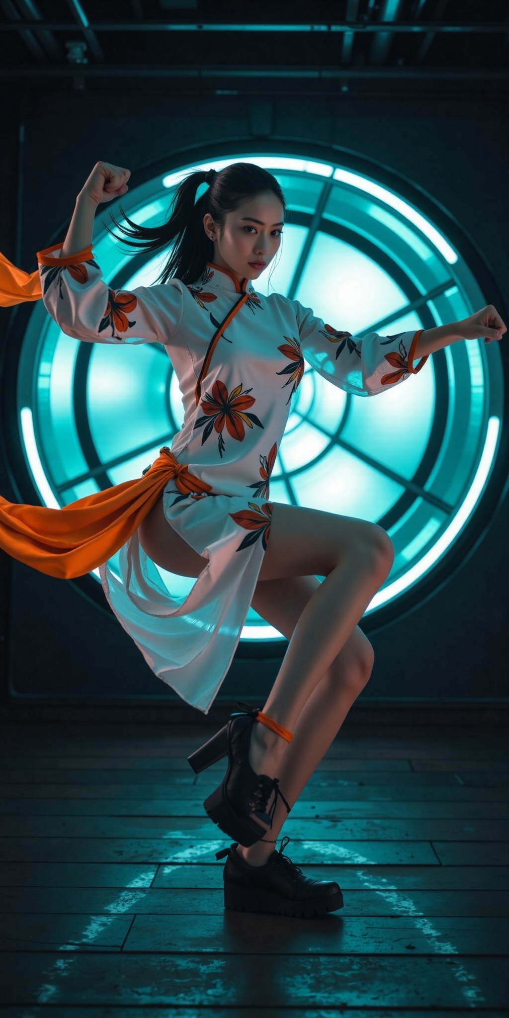 A fierce and elegant female martial artist in a poised combat stance,  wearing a traditional yet modernized white and blac...