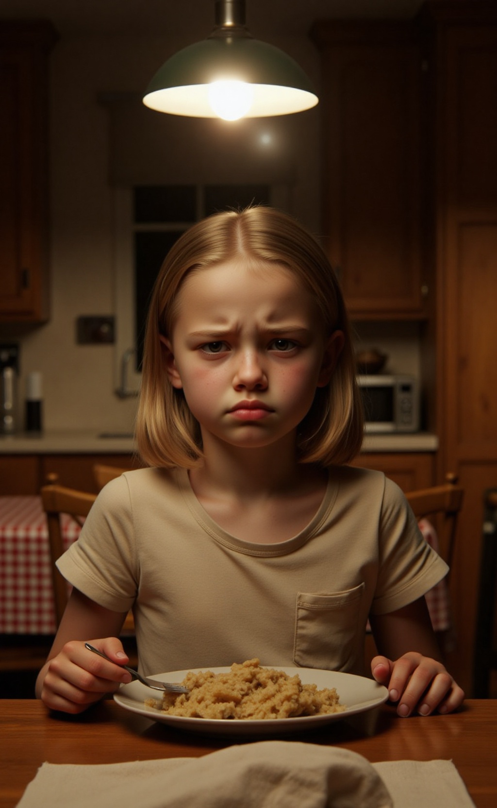 Warm indoor lighting,  soft shadows cast by a hanging lamp above the table. Medium shot,  straight-on angle. A young girl...