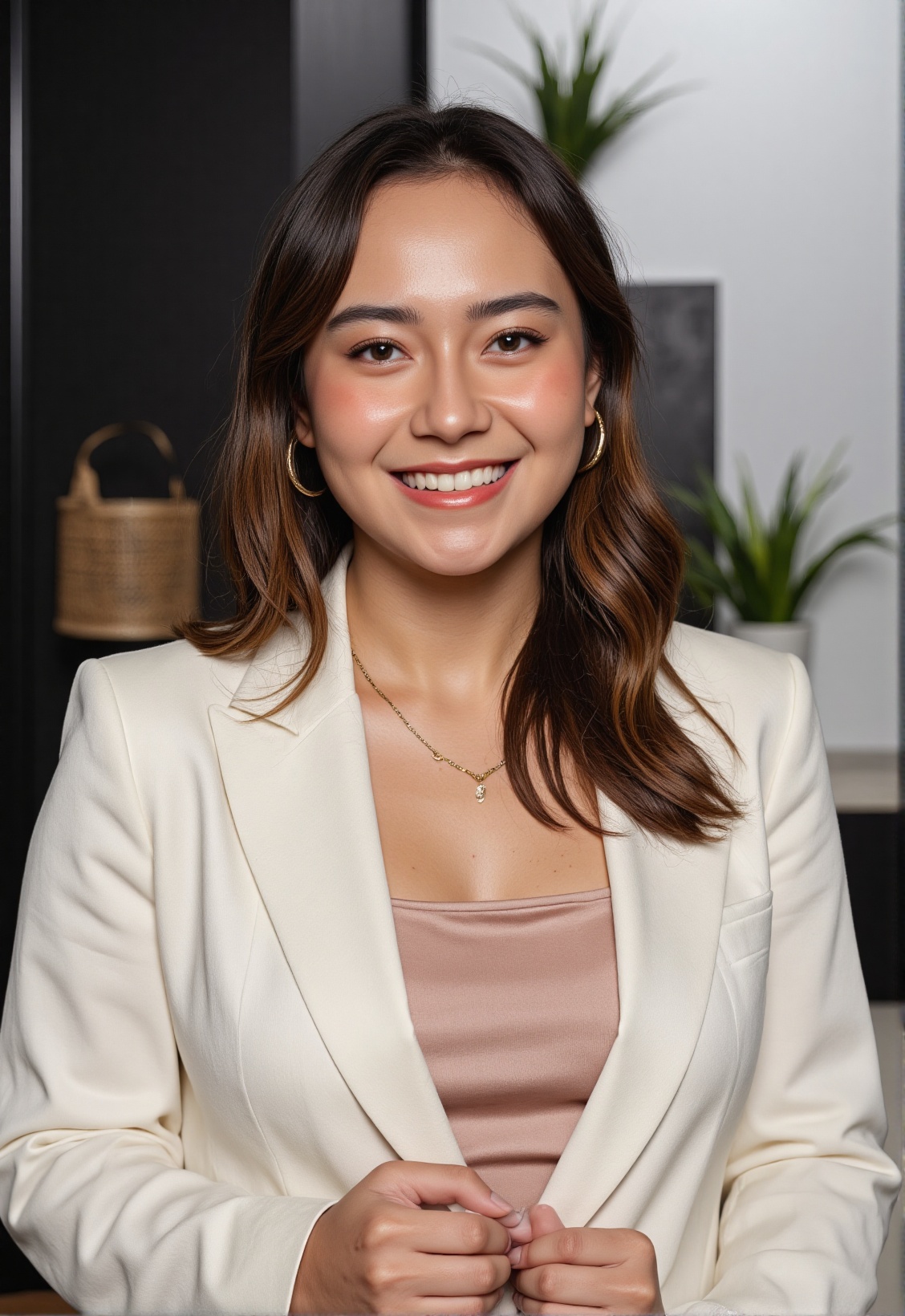 Prompt: Create a highly detailed,  photorealistic portrait of a woman in her late 20s to early 30s,  radiating confidence...