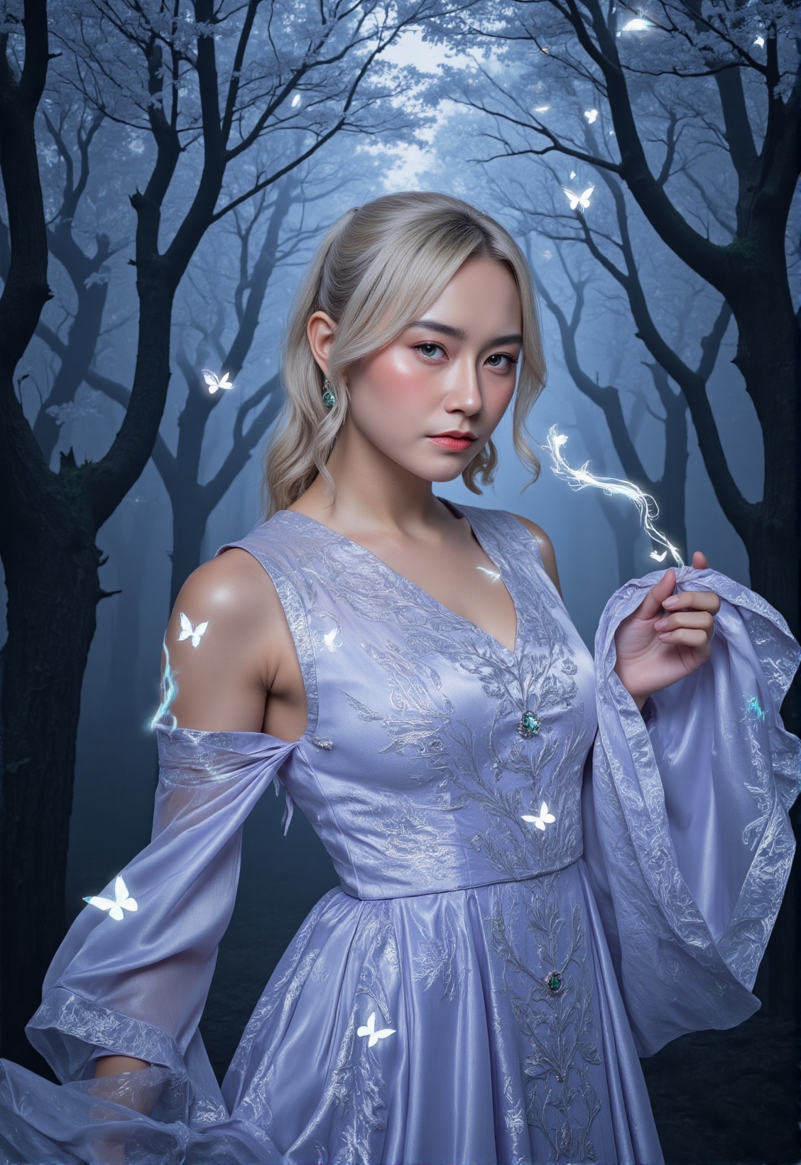 A breathtaking portrait of an ethereal woman with luminous,  otherworldly beauty standing in a mystical forest at twilight...