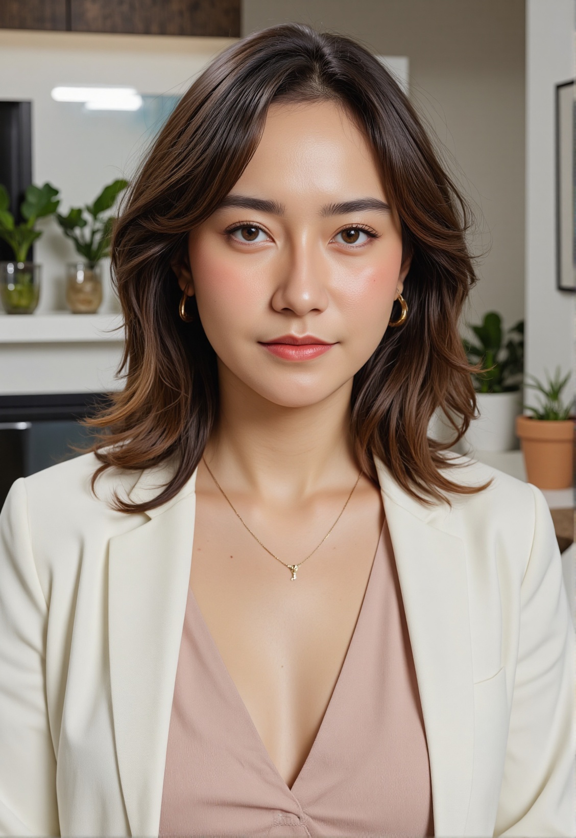 Prompt: Create a highly detailed,  photorealistic portrait of a woman in her late 20s to early 30s,  radiating confidence...
