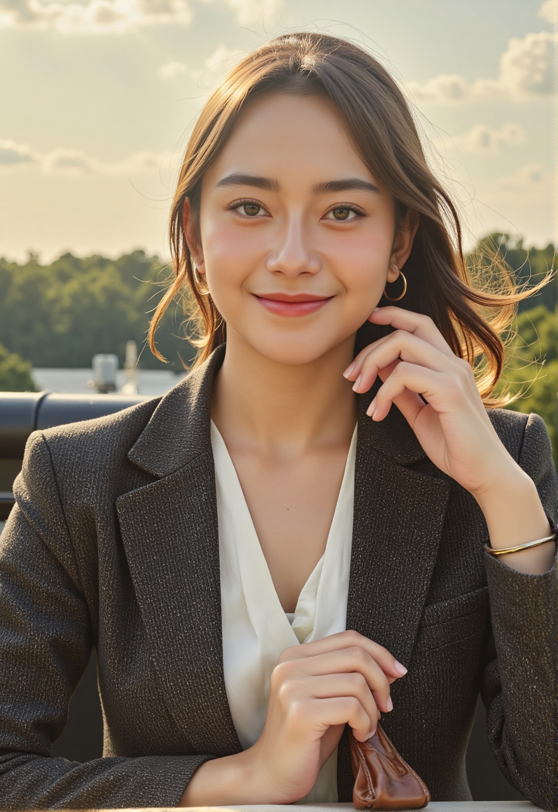 Create an ultra-detailed,  photorealistic portrait of a woman in her mid-20s to early 30s,  radiating confidence and warmt...