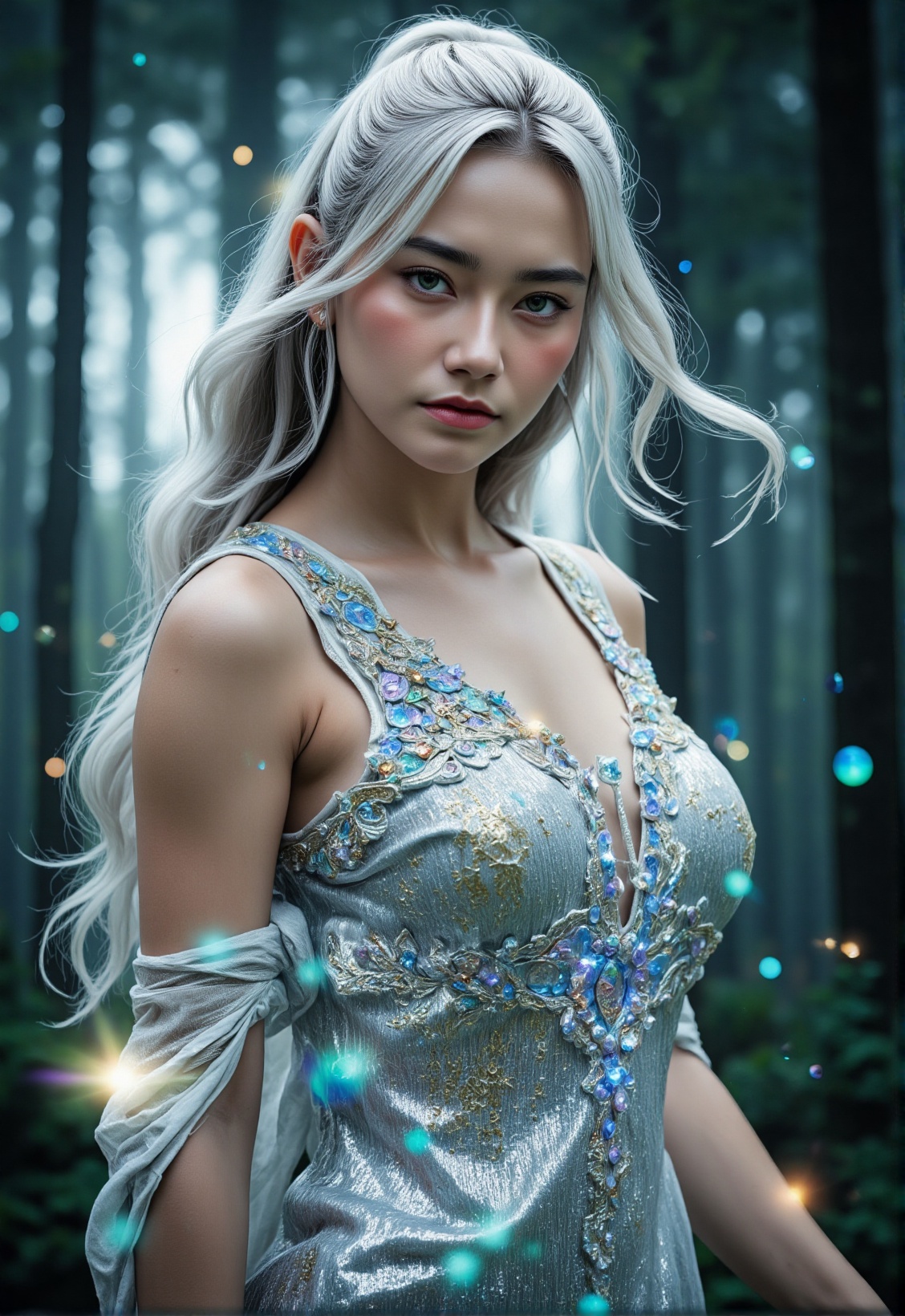 Ultra-detailed portrait of an ethereal elven woman with luminous,  iridescent skin and intricate magical markings. She has...