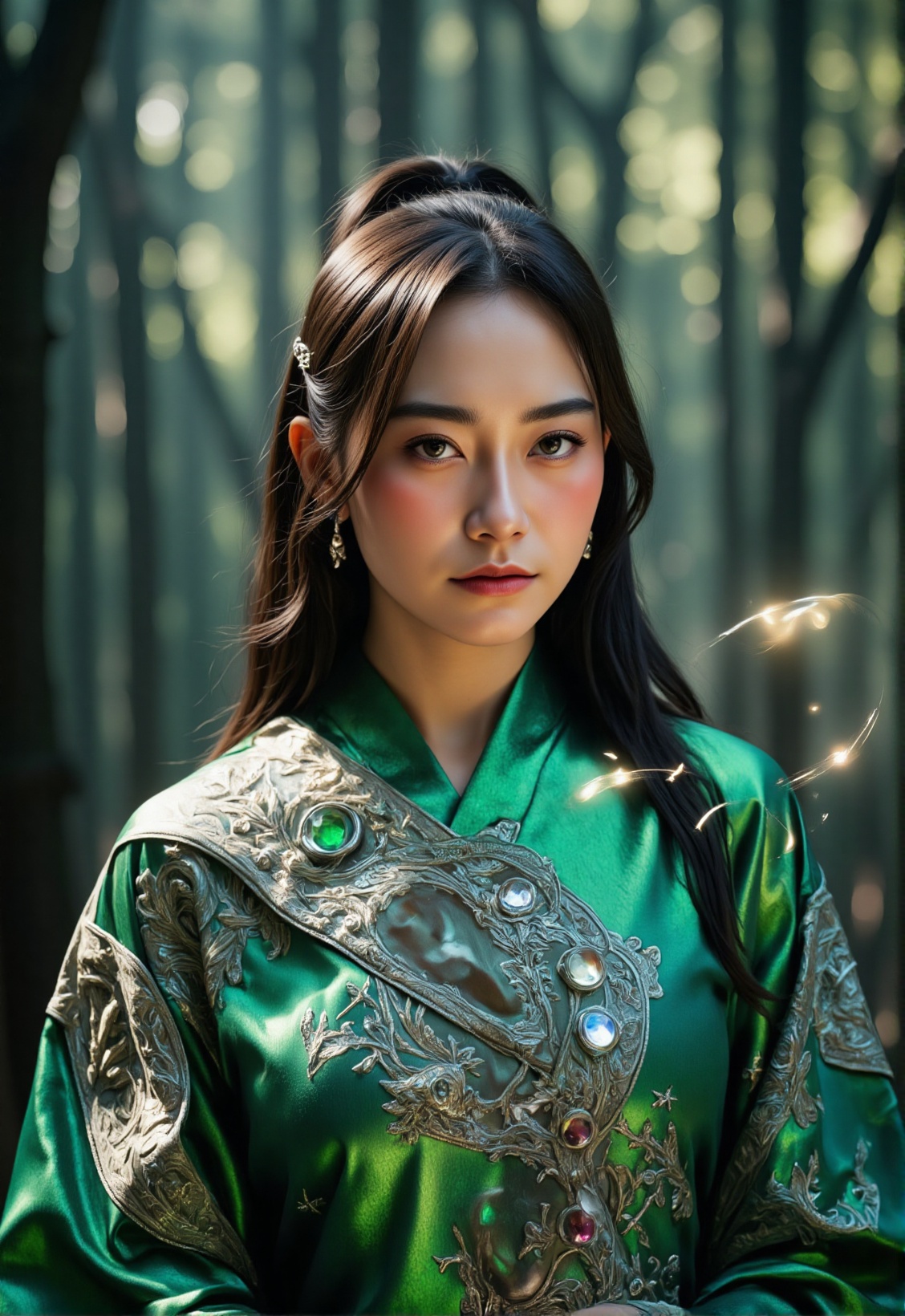 Ultra-realistic portrait of an ethereal fantasy woman with luminous,  otherworldly beauty. She stands in a mystical forest...