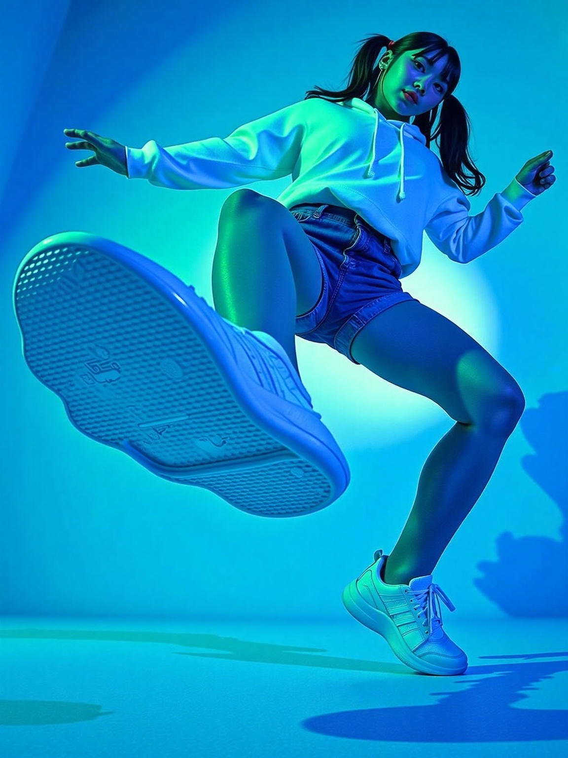 (((2 feet on floor and bend backward and one hand support on floor))),  A young woman in a dynamic breakdancing pose,  sup...