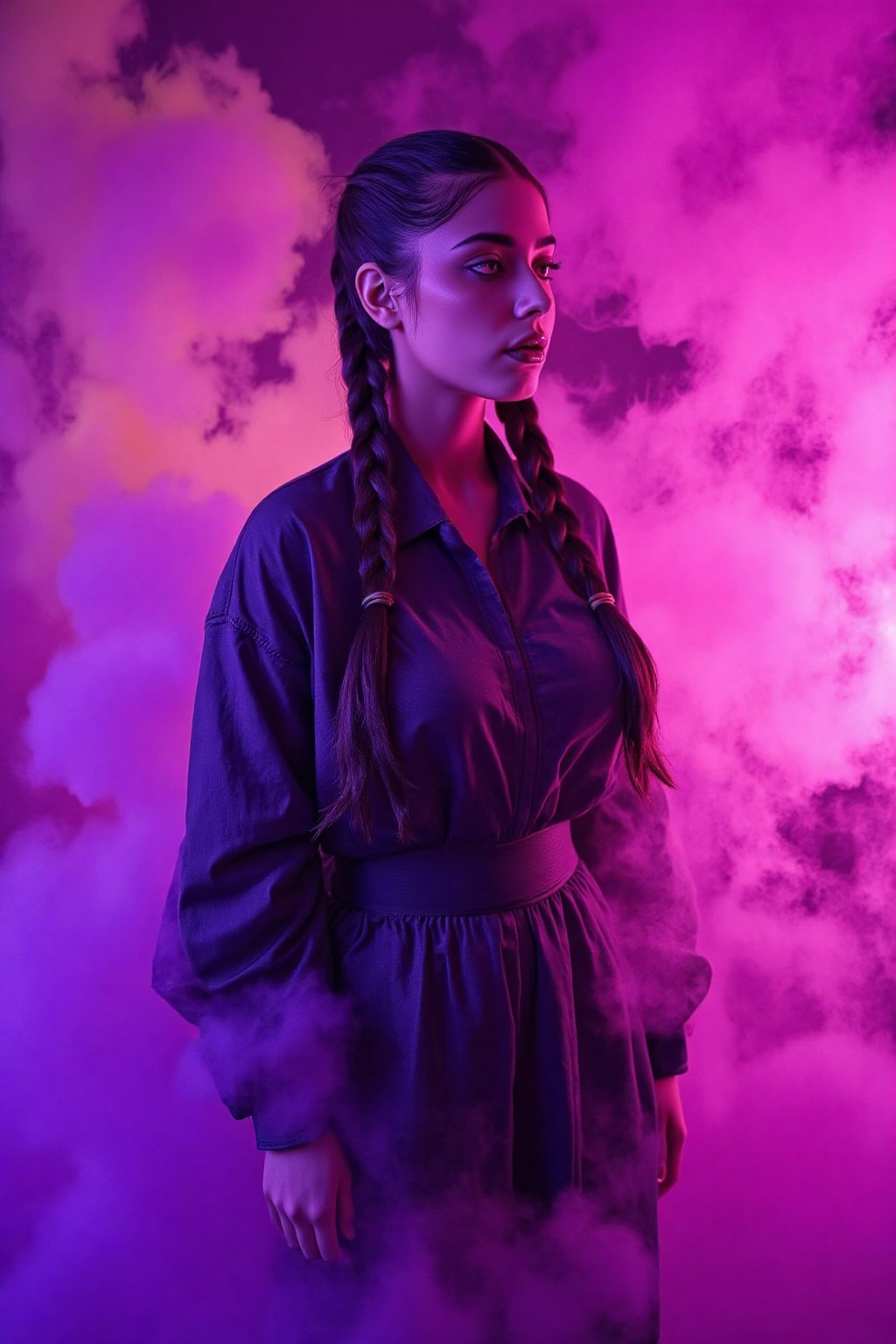 A mysterious young woman with a braided hairstyle stands poised amidst a dramatic haze of purple and beige smoke. Dark,  t...