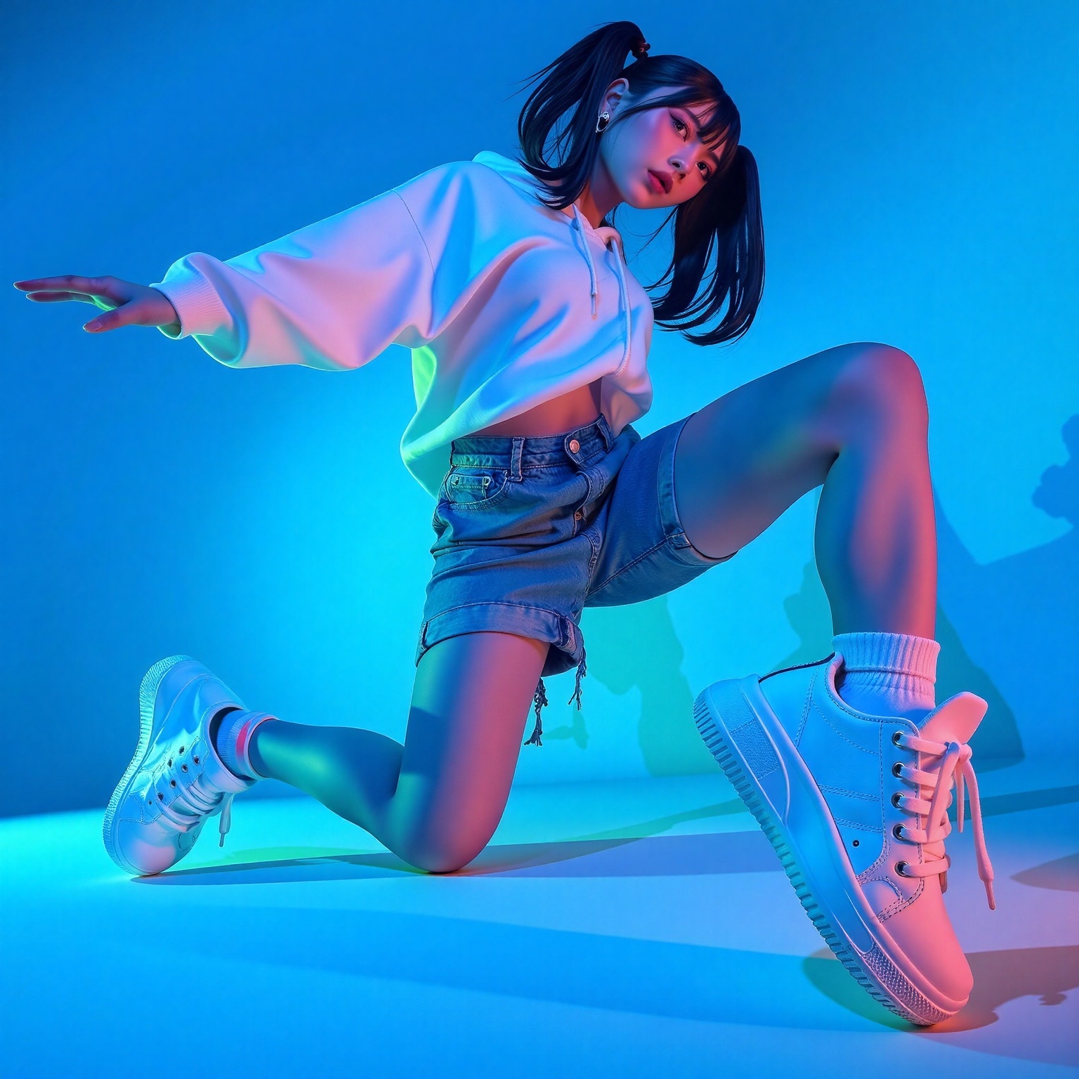 (((2 feet on floor and bend backward and one hand support on floor))),  A young woman in a dynamic breakdancing pose,  sup...