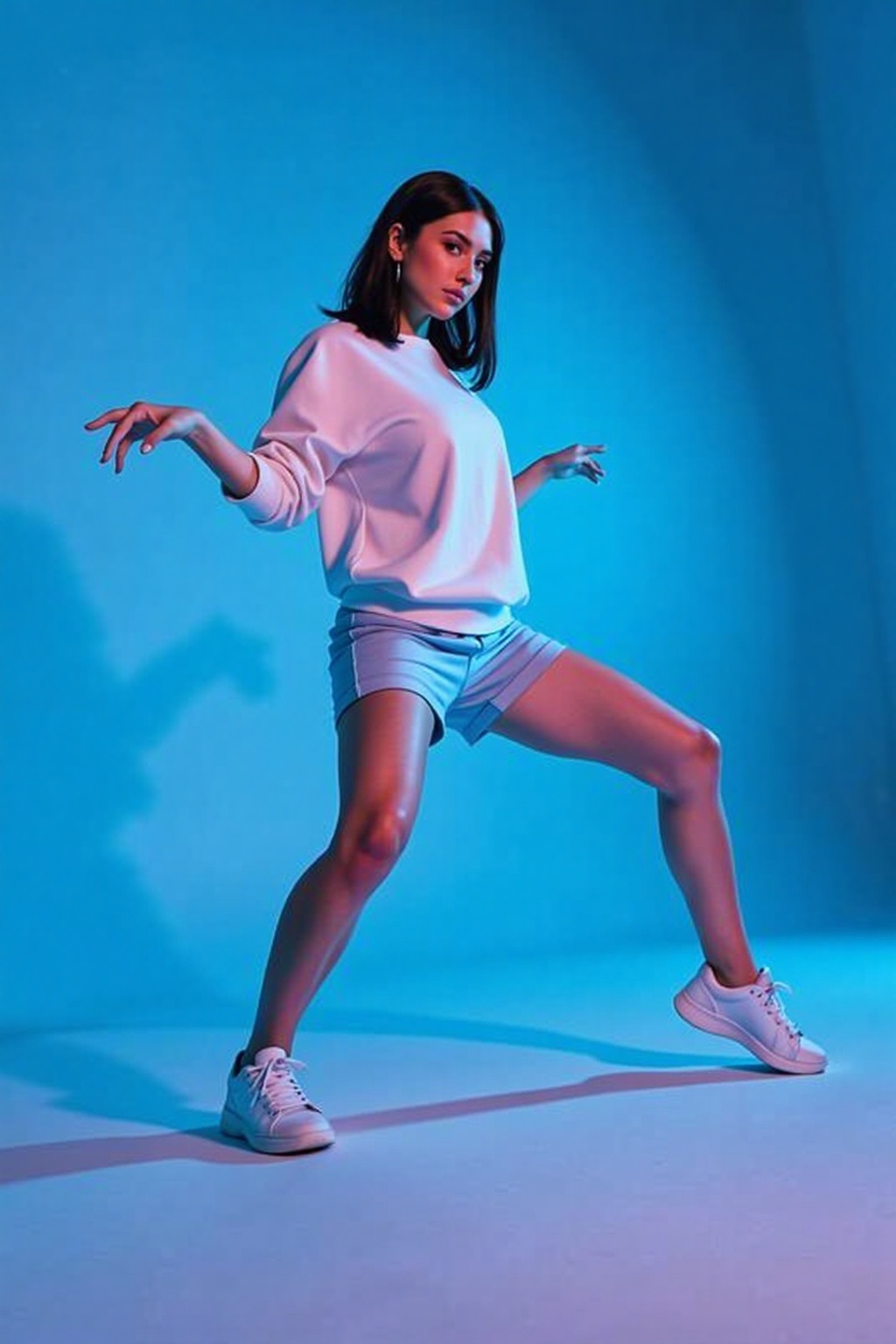 a woman performing a dance move,  captured in a dynamic and artistic pose. The individual is wearing a white sweatshirt an...