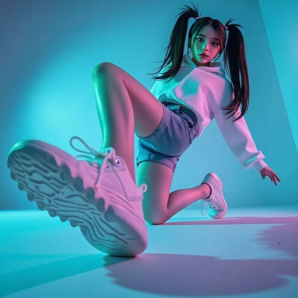 (((2 feet on floor and bend backward and one hand support on floor))),  A young woman in a dynamic breakdancing pose,  sup...