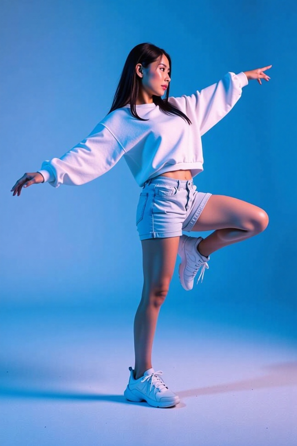 a woman performing a dance move,  captured in a dynamic and artistic pose. The individual is wearing a white sweatshirt an...