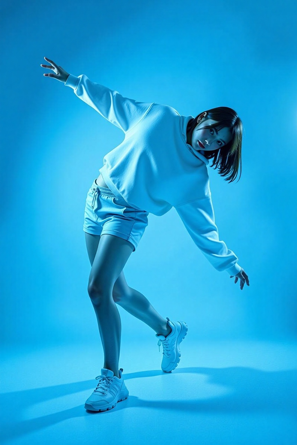 a woman performing a dance move,  captured in a dynamic and artistic pose. The individual is wearing a white sweatshirt an...