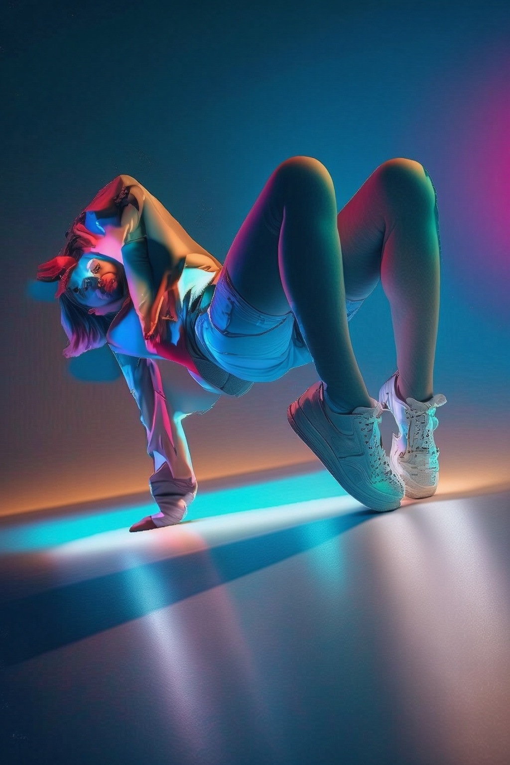 a woman performing a dance move,  captured in a dynamic and artistic pose. The individual is wearing a white sweatshirt an...