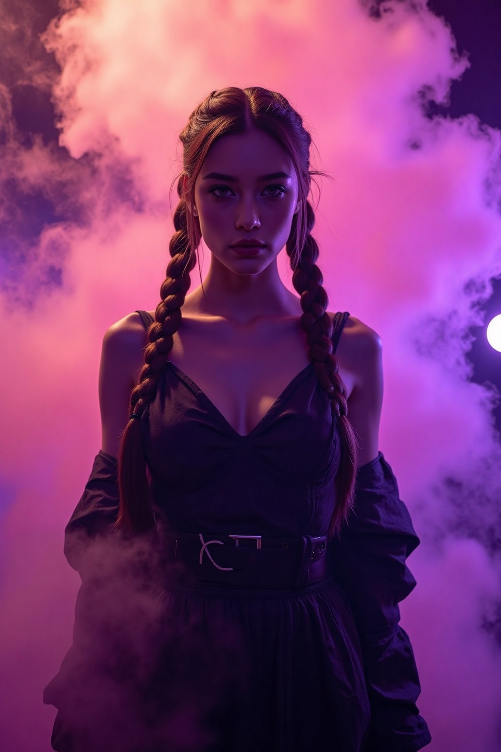 A mysterious young woman with a braided hairstyle stands poised amidst a dramatic haze of purple and beige smoke. Dark,  t...