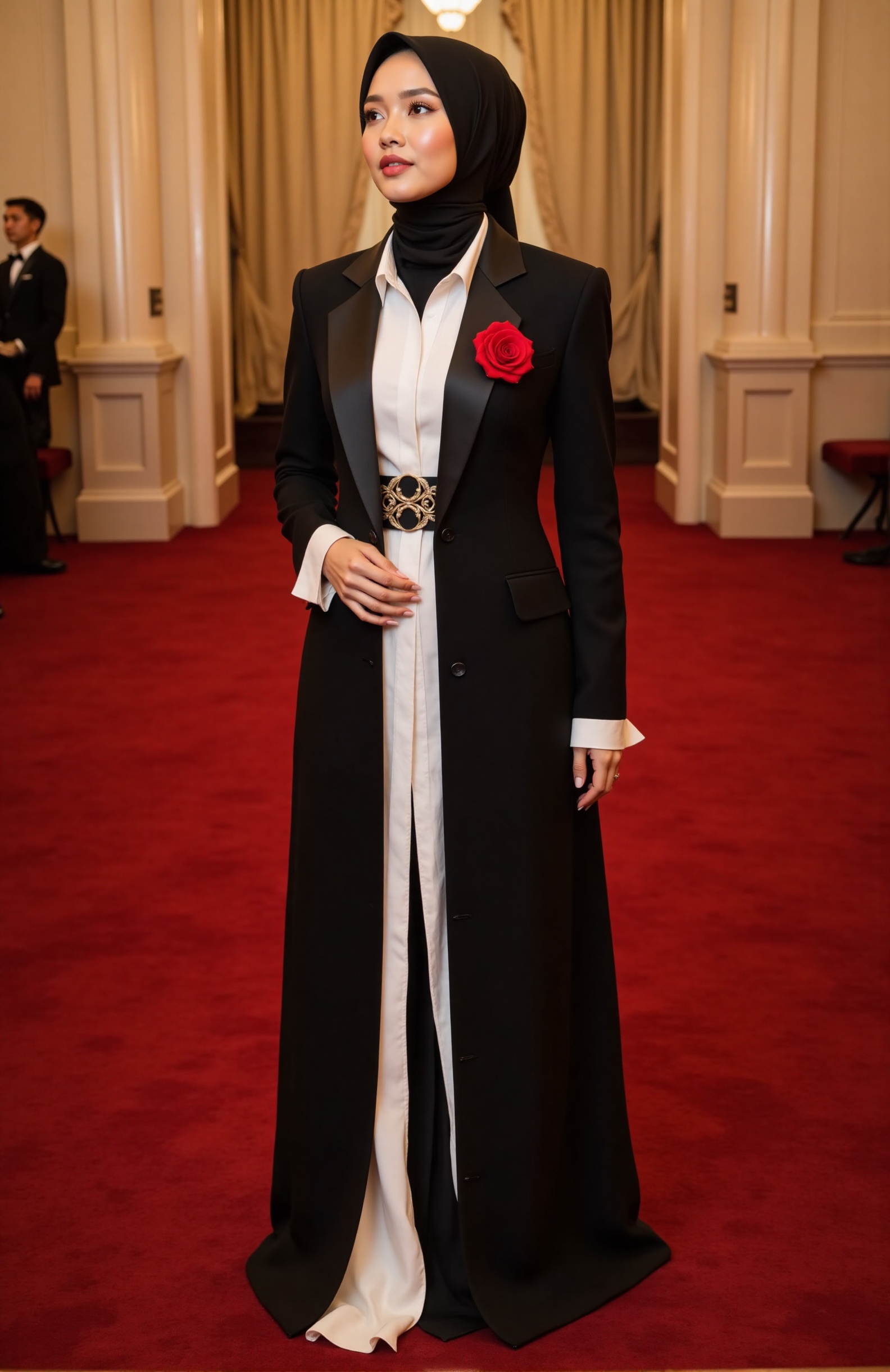 In this Grand Hotel lobby,  Malay woman,  stands poised in a captivating black and white outfit on Tensor.Art