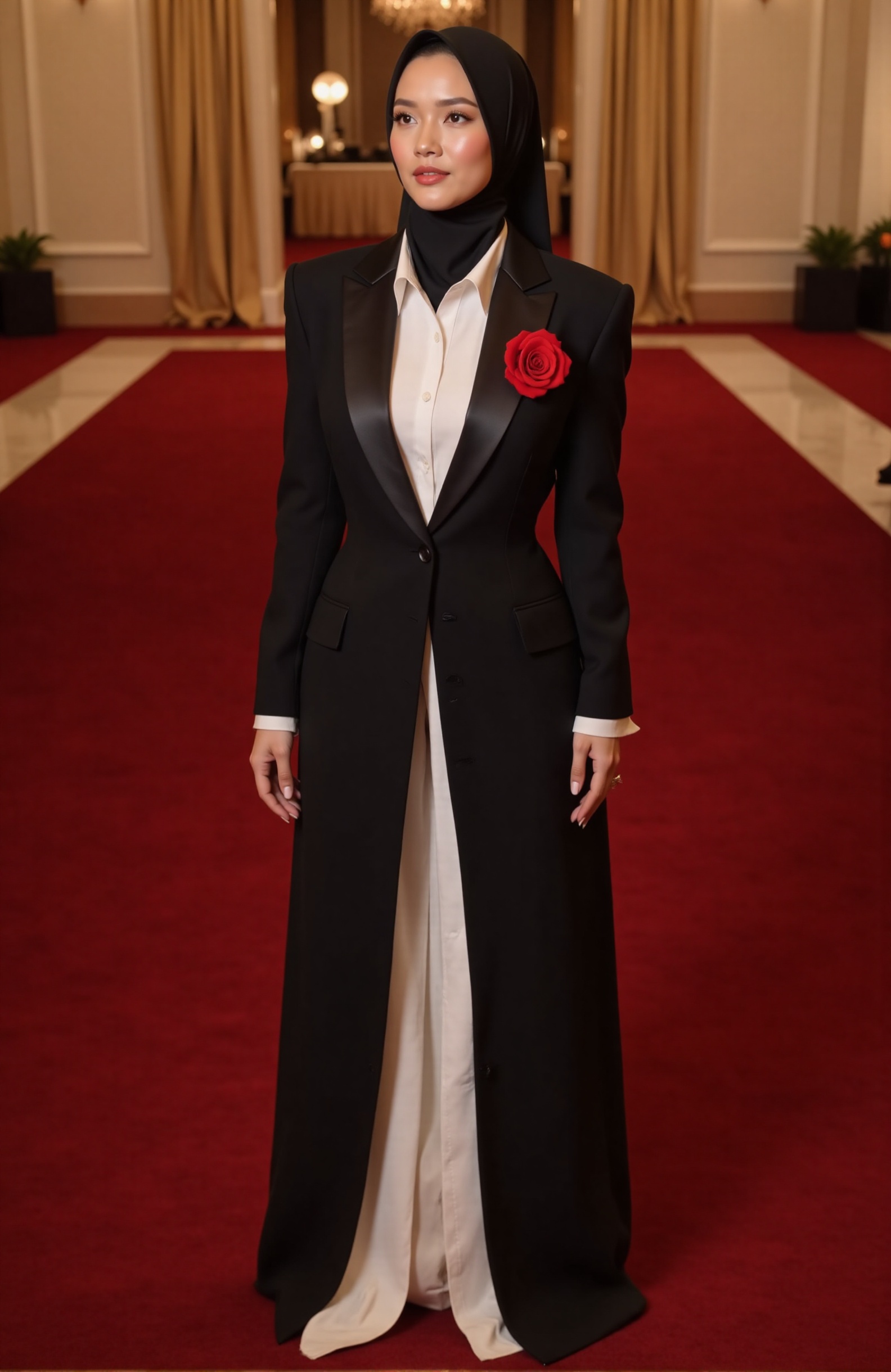 In this Grand Hotel lobby,  Malay woman,  stands poised in a captivating black and white outfit on Tensor.Art