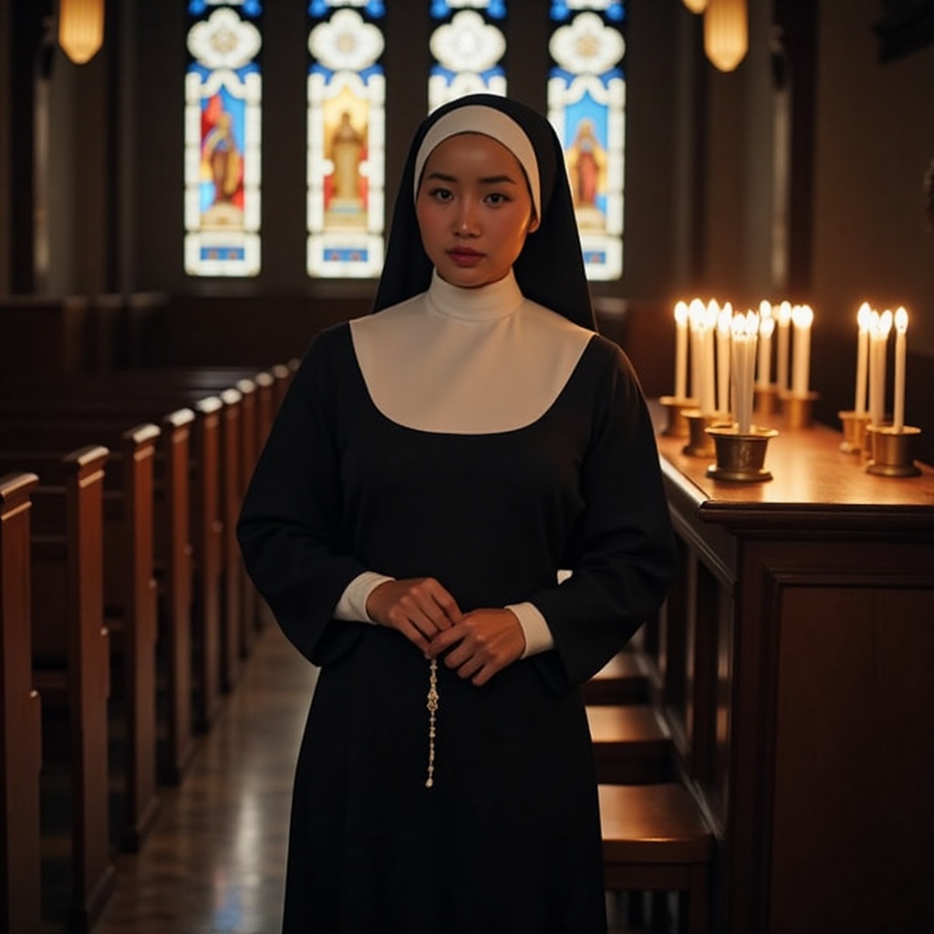The image depicts a woman dressed in a nun's habit,  standing in a dimly lit room that appears to be a church or chapel. S...