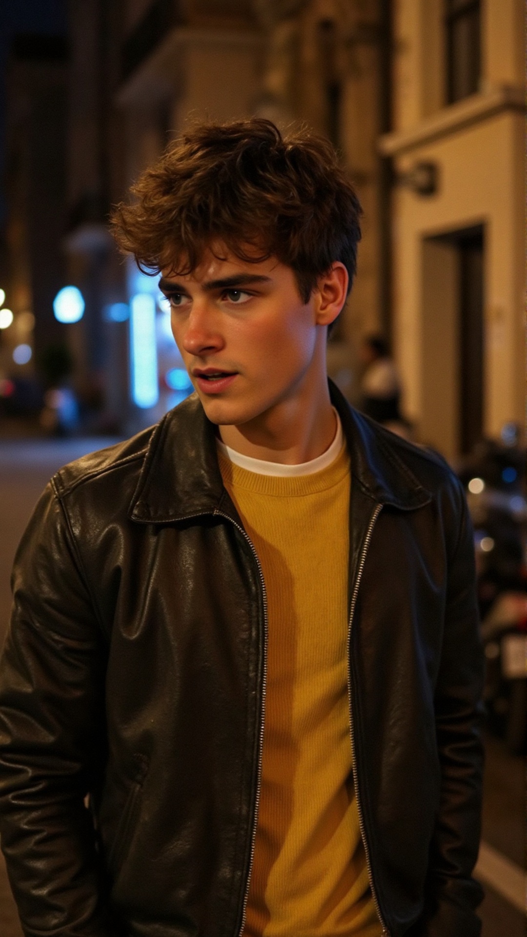 A young man with tousled brown hair and sharp features leans forward in a dimly lit urban street at night. He wears a worn...