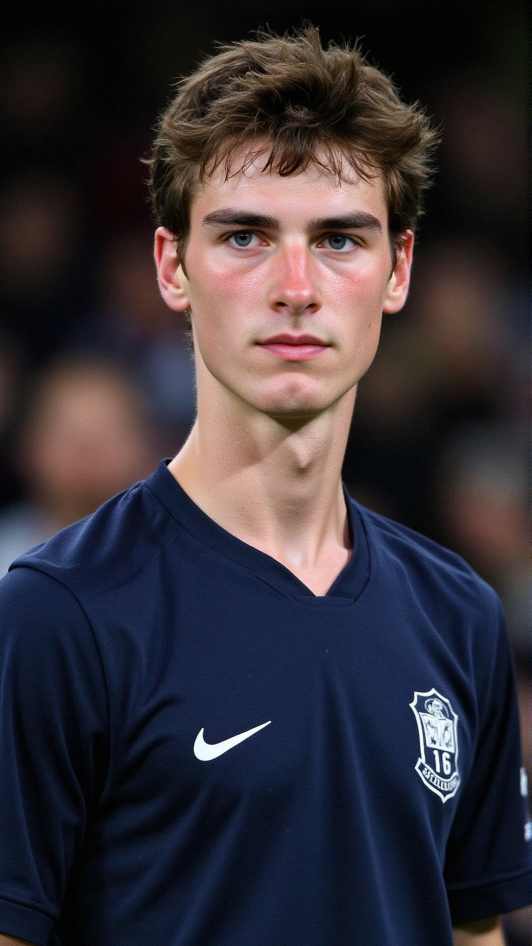 a 2000s paparazzi photo of a 18 years old handsome young man,  he is wearing a tight dark blue soccer jersey. He is very a...